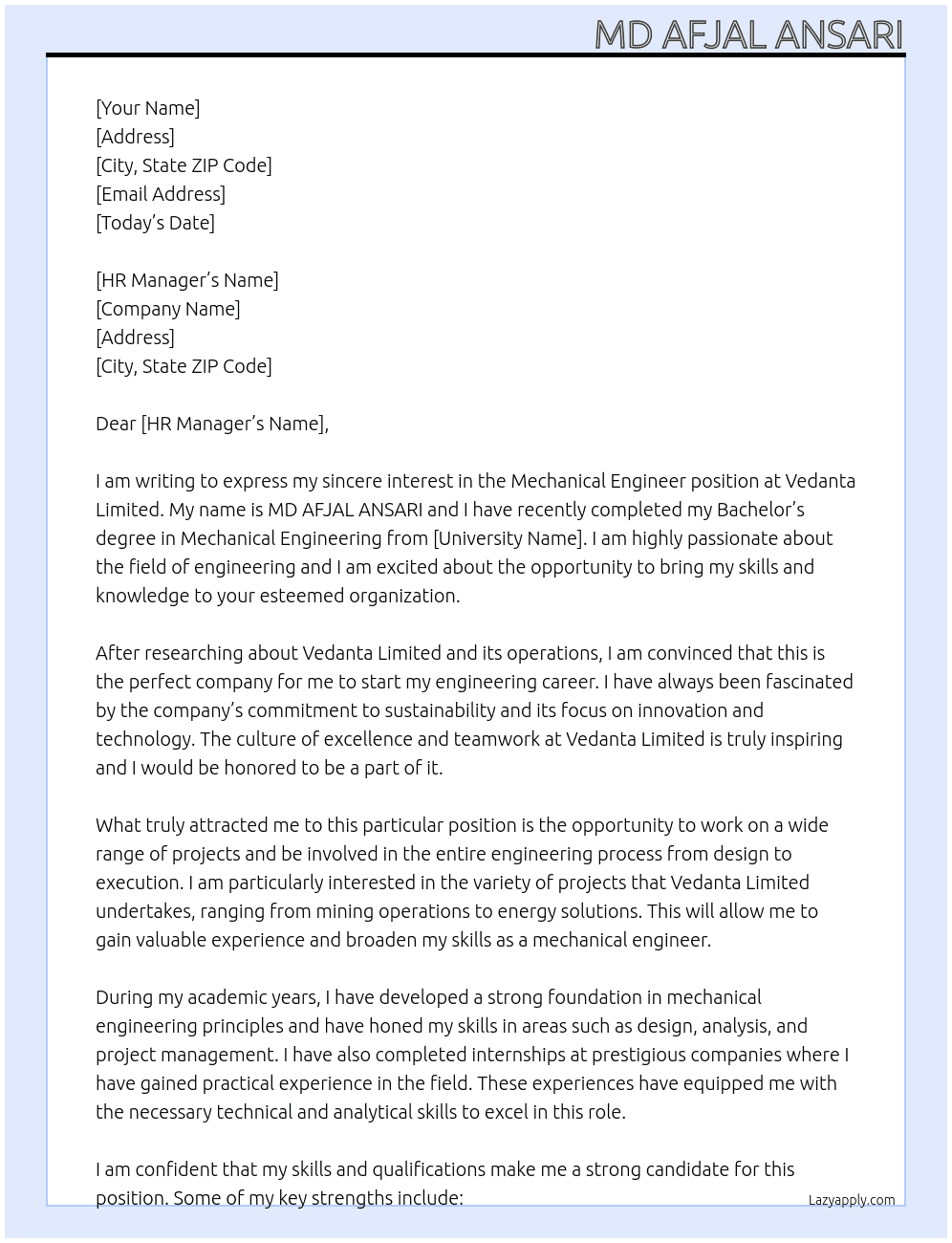 Mechanical Engineer At Vedanta Limited Cover Letter
