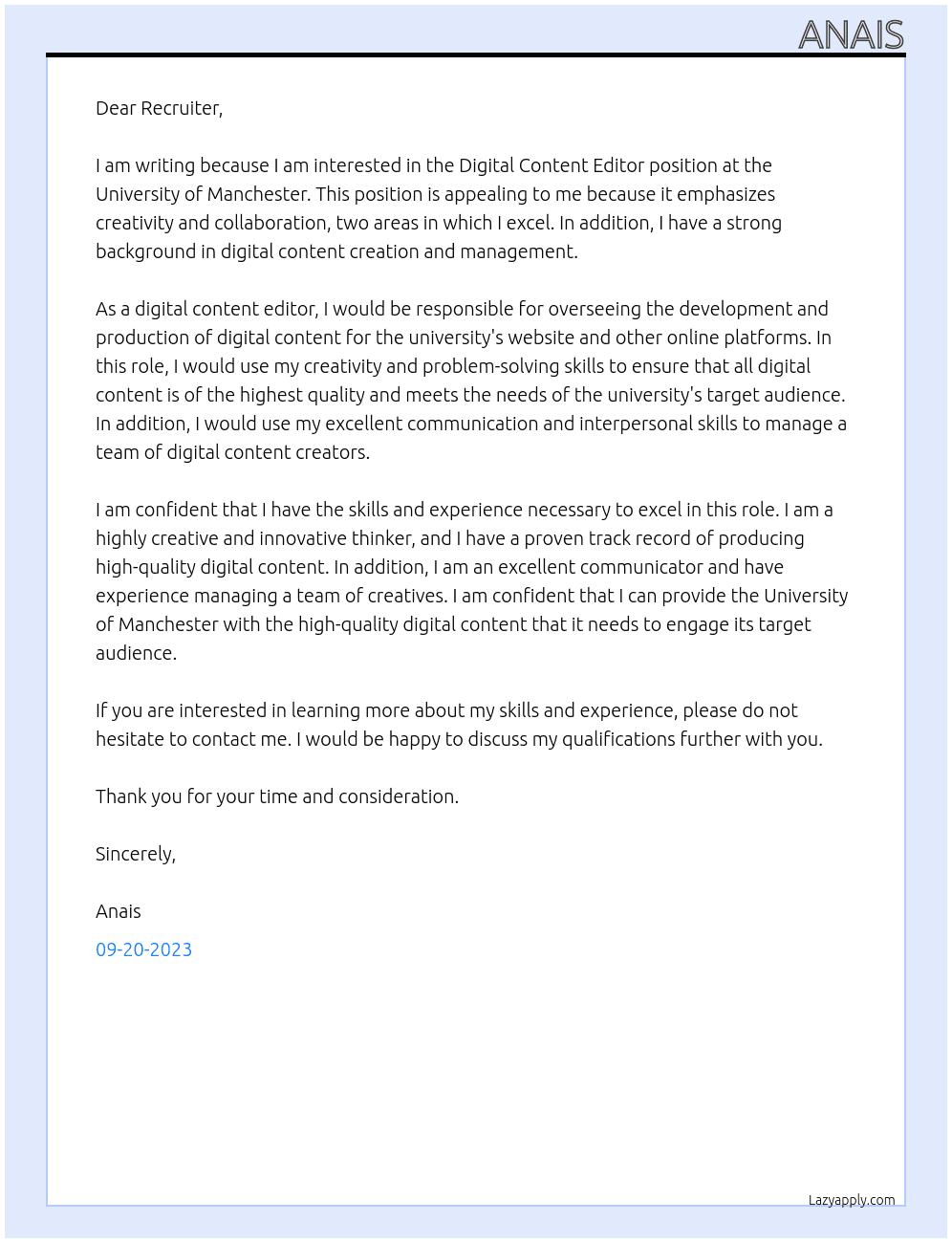 Digital Content Editor At University of Manchester Cover Letter