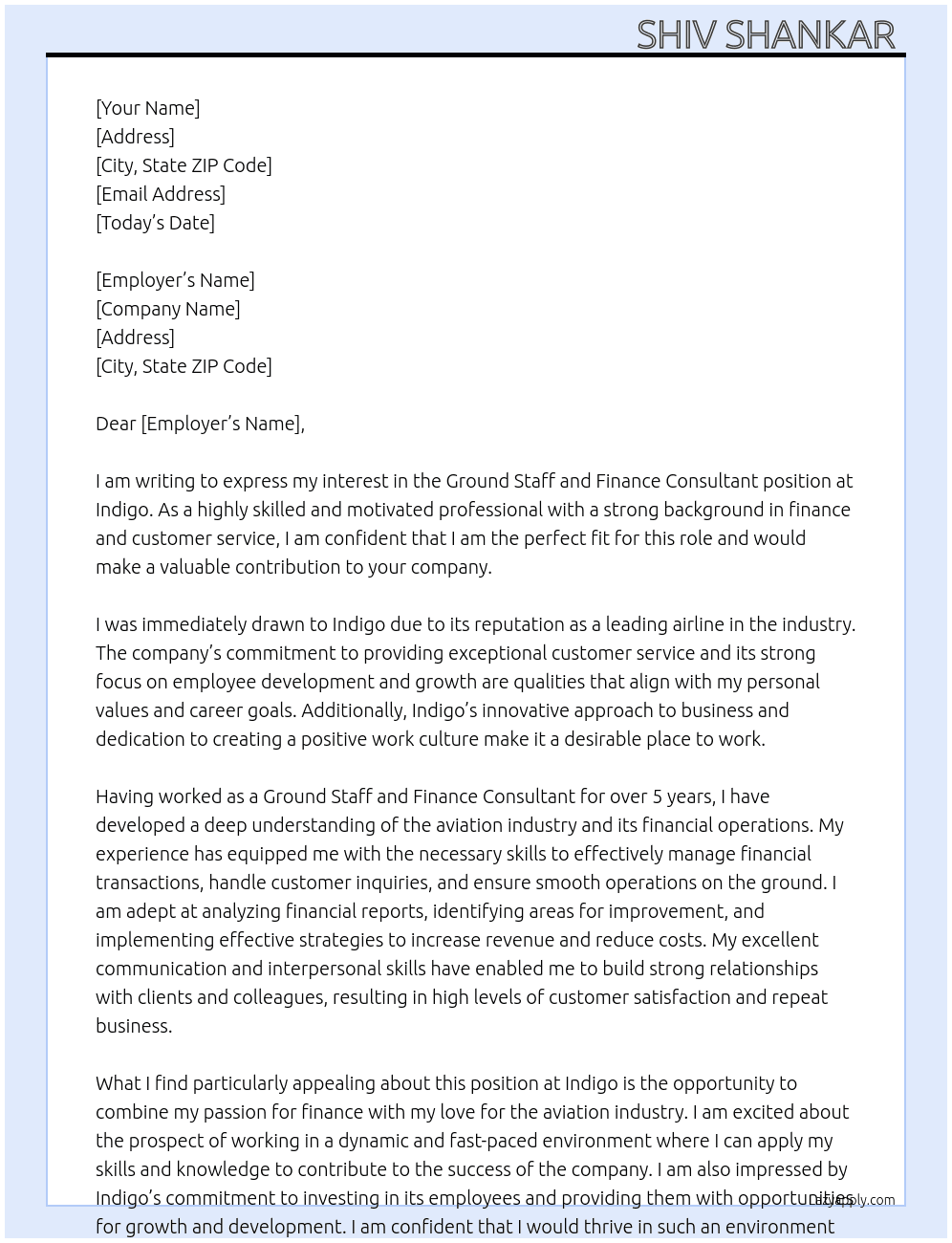 Ground Staff, Finance Consultant At Indigo Cover Letter