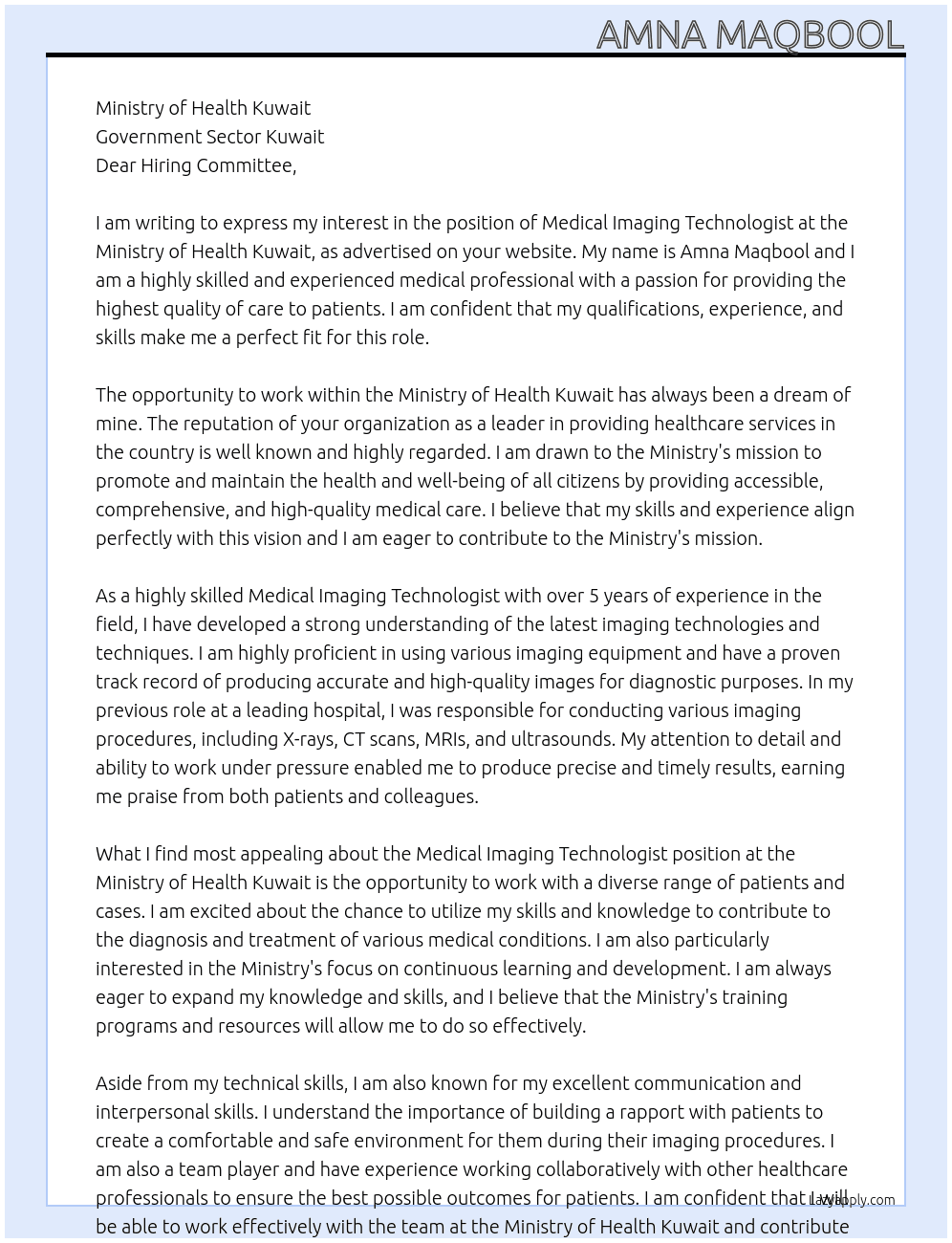 Medical Imaging Technologist At Government sector Kuwait Cover Letter