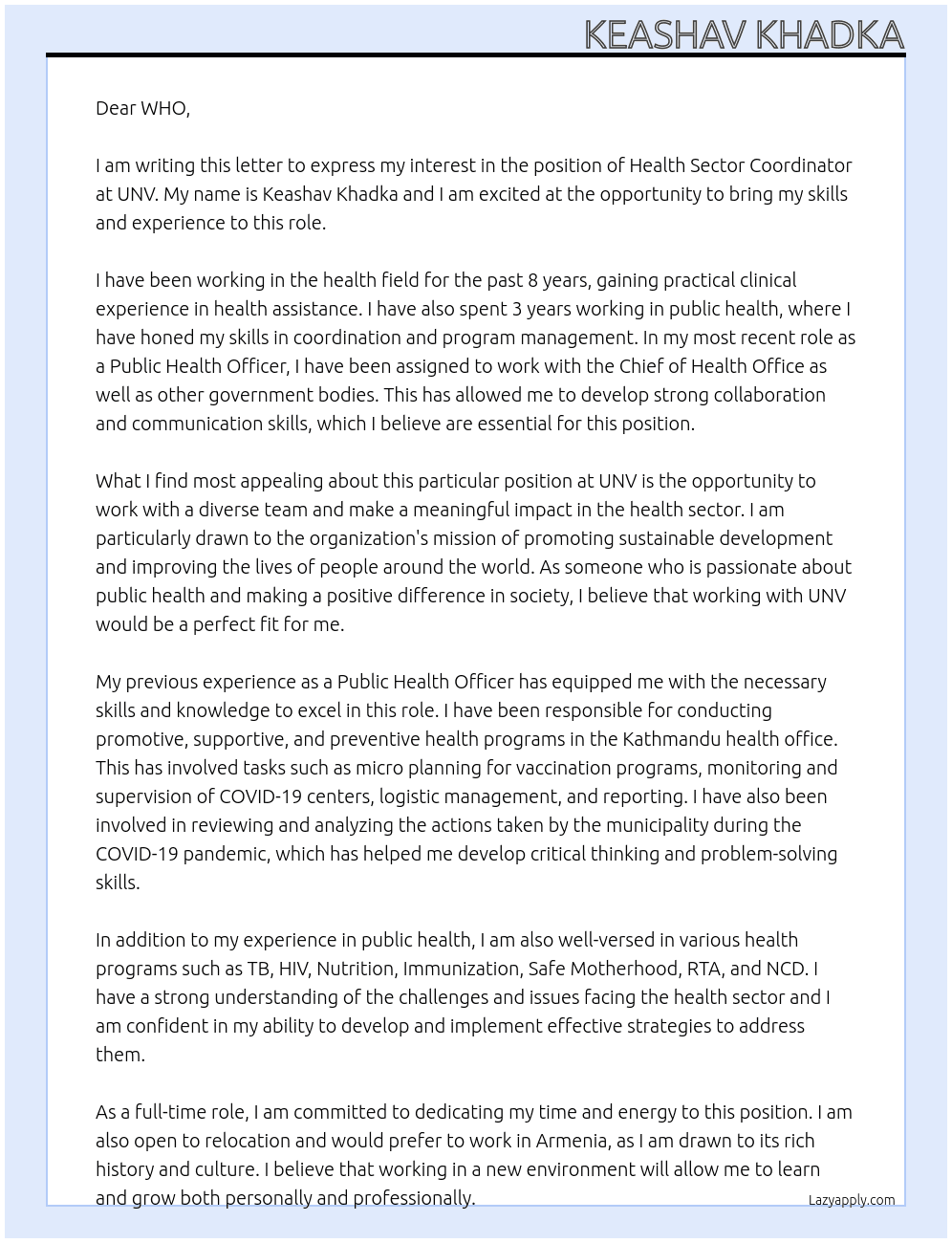 Health Sector Coordinator At UNV Cover Letter