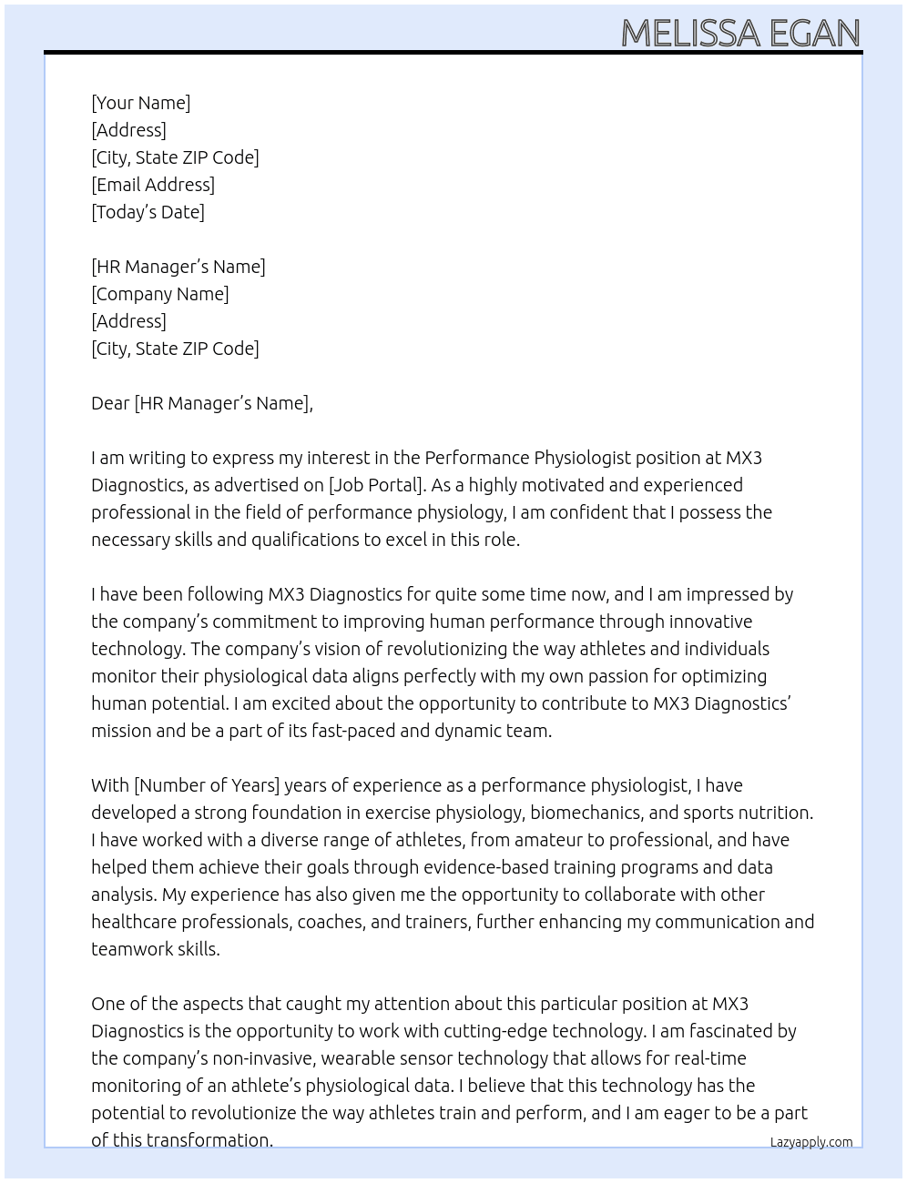 Performance Physiologist At MX3 Diagnostics Cover Letter
