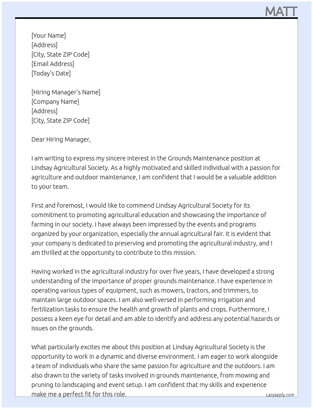 Grounds Maintenance At Lindsay Agricultural Society Cover Letter