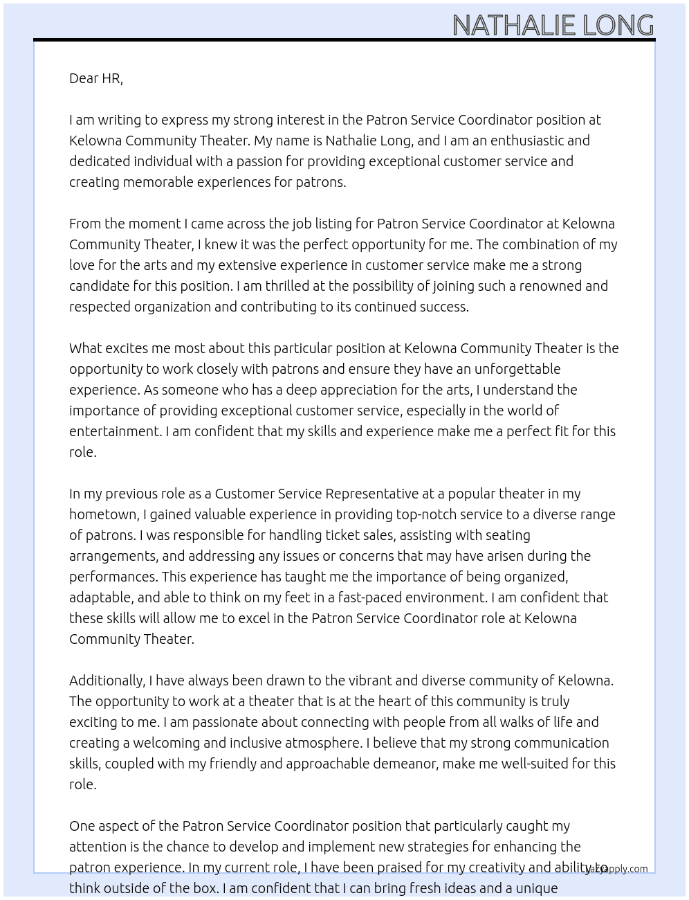 patron service coordinator At Kelowna Community Theater Cover Letter