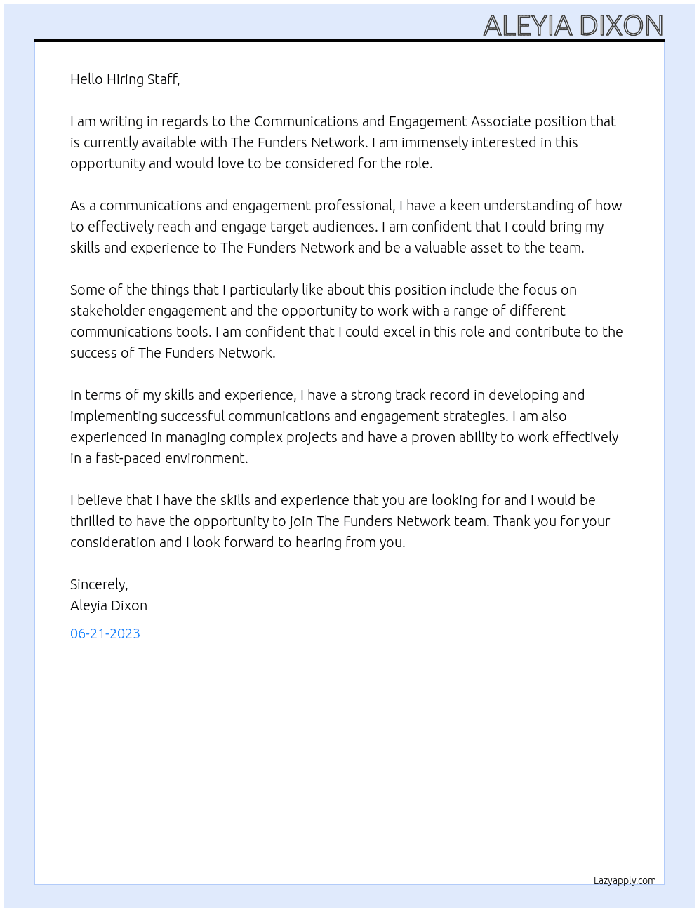 Communications and Engagement Associate Remote At The Funders Network Cover Letter