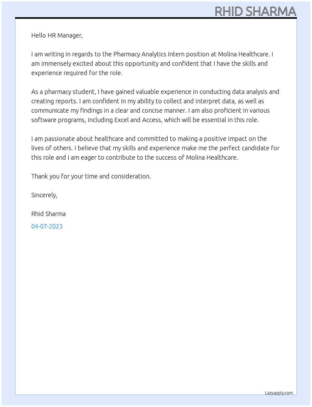Pharmacy Analytics Intern At Molina Healthcare Cover Letter