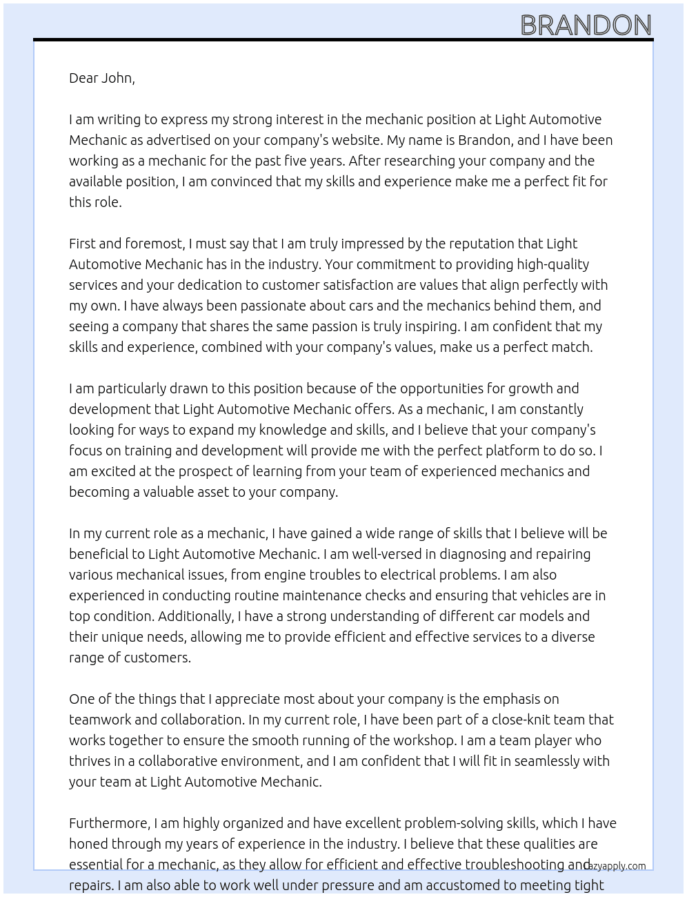 mechanic At light automotive mechanic Cover Letter