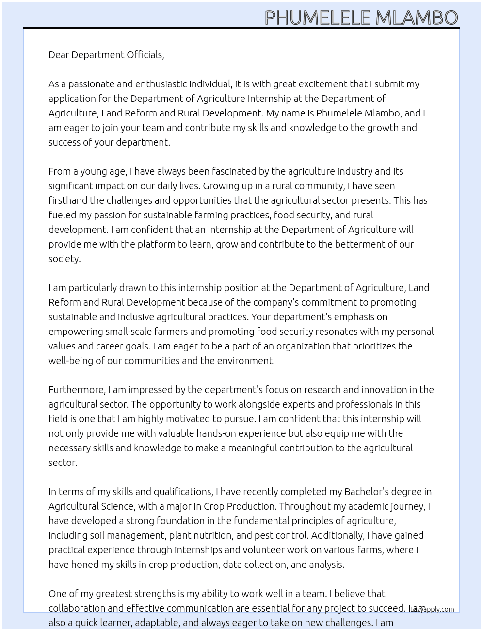 Department of agriculture internship At Department of Agriculture, Land Reform and Rural Development Cover Letter