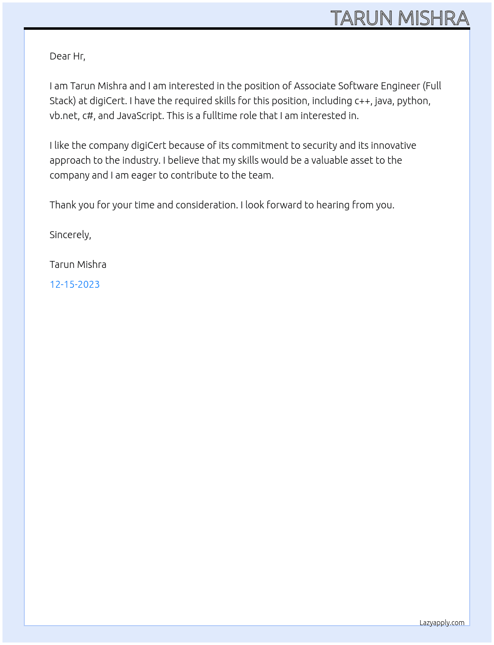 Associate Software Engineer (Full Stack) At digiCert Cover Letter