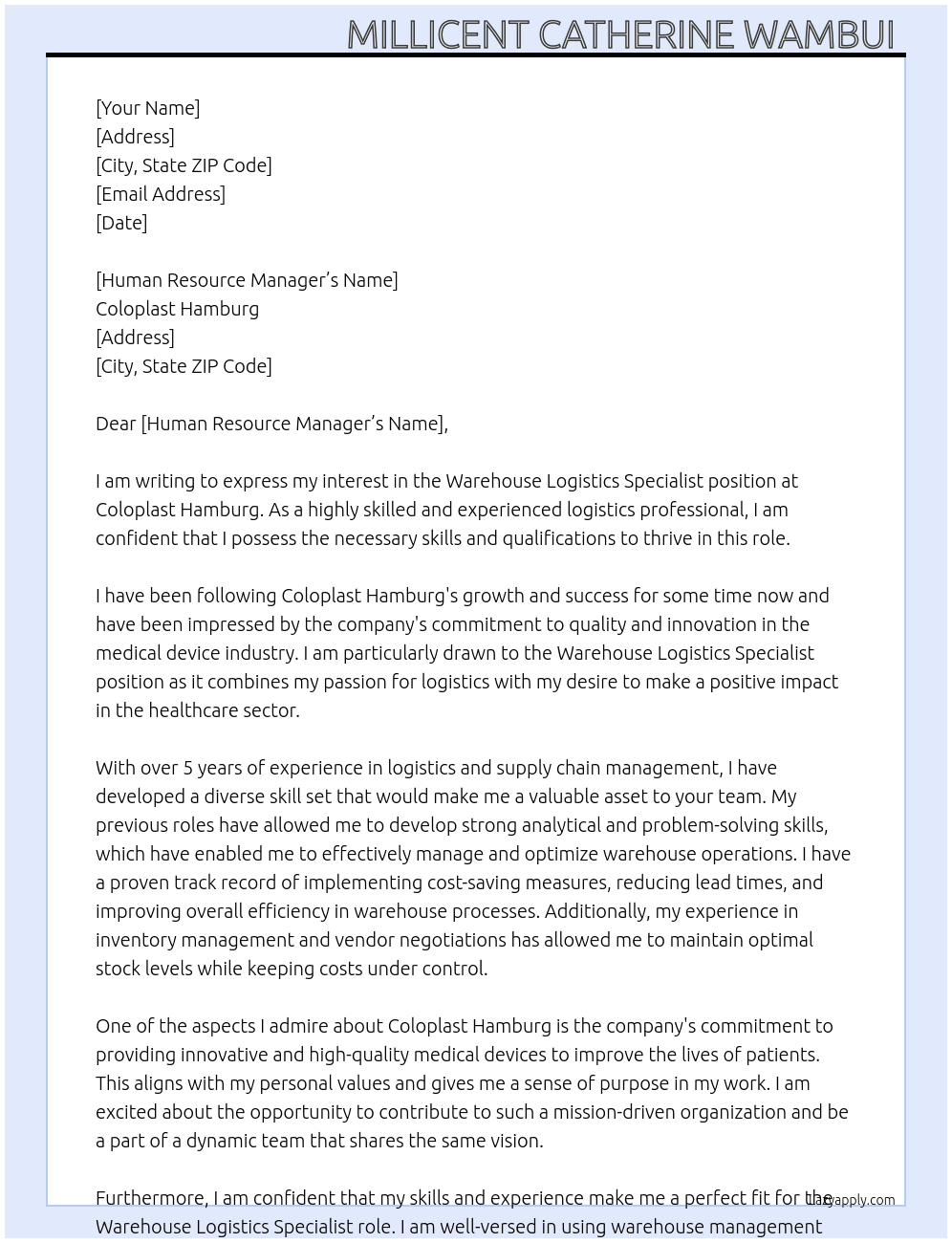 Warehouse Logistics Specialist  At Coloplast Hamburg  Cover Letter