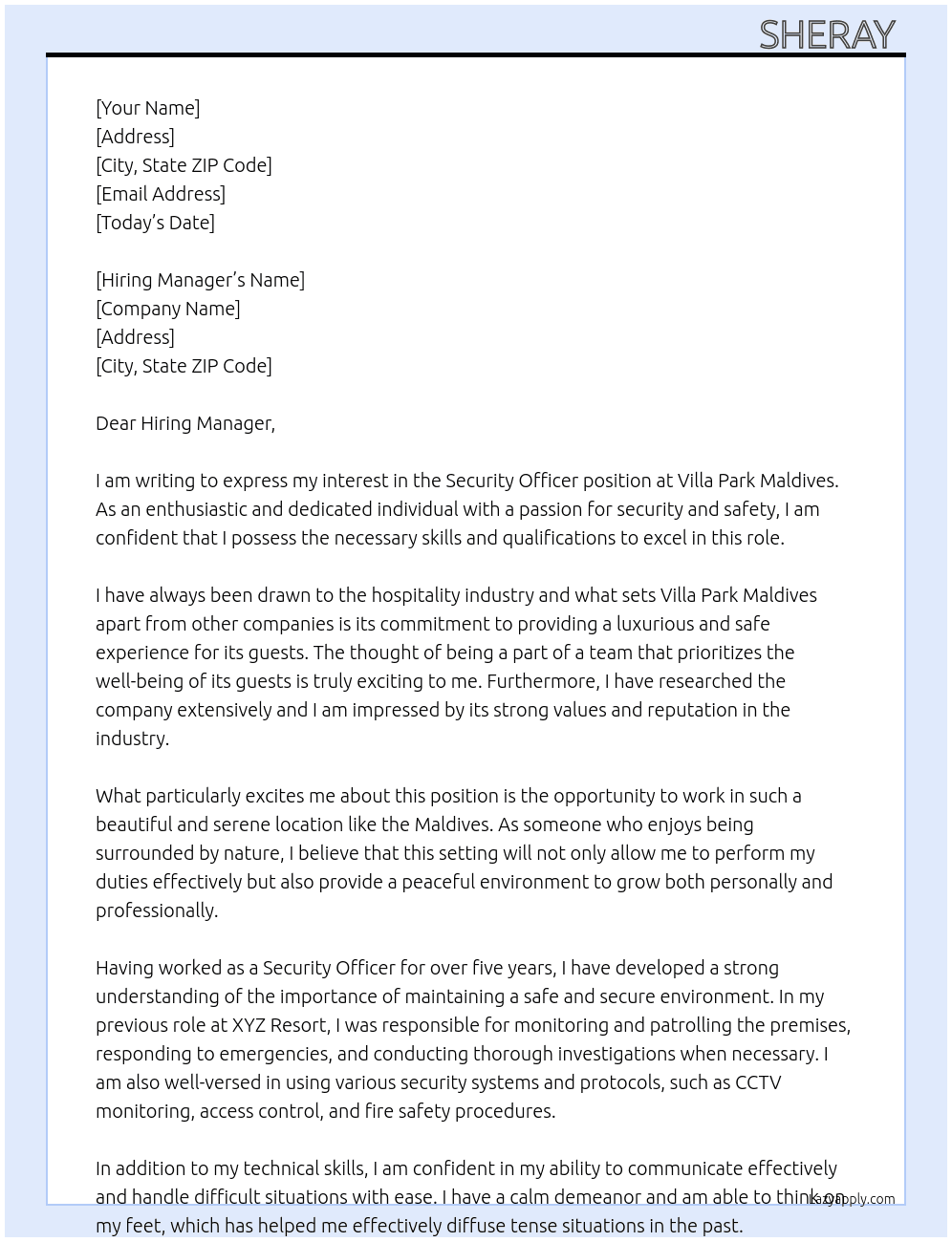 Security officer  At Villa park maldives Cover Letter