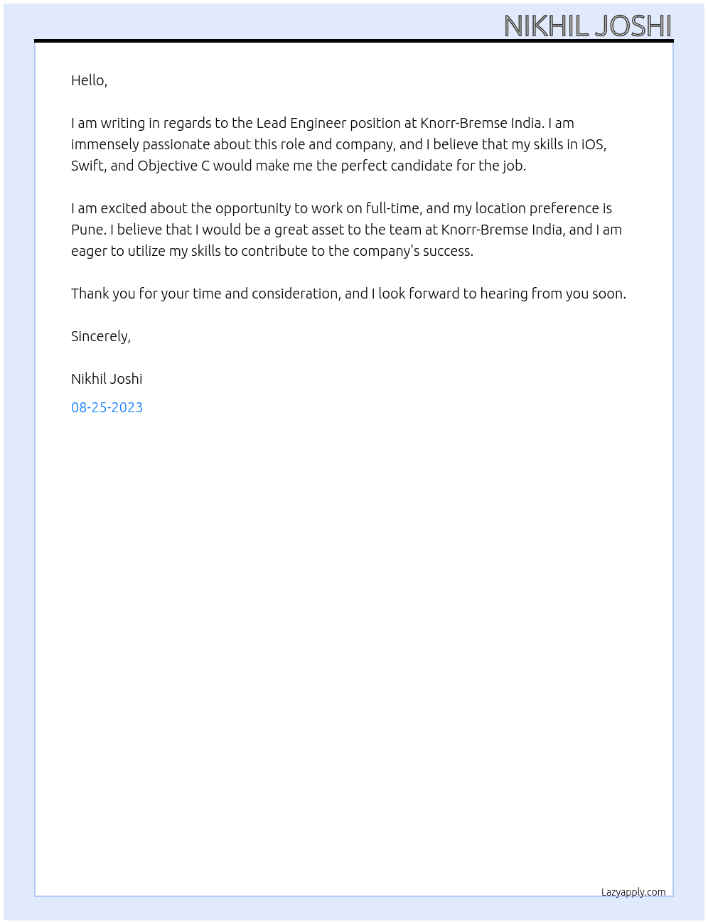 Lead Engineer At Knorr-Bremse India Cover Letter