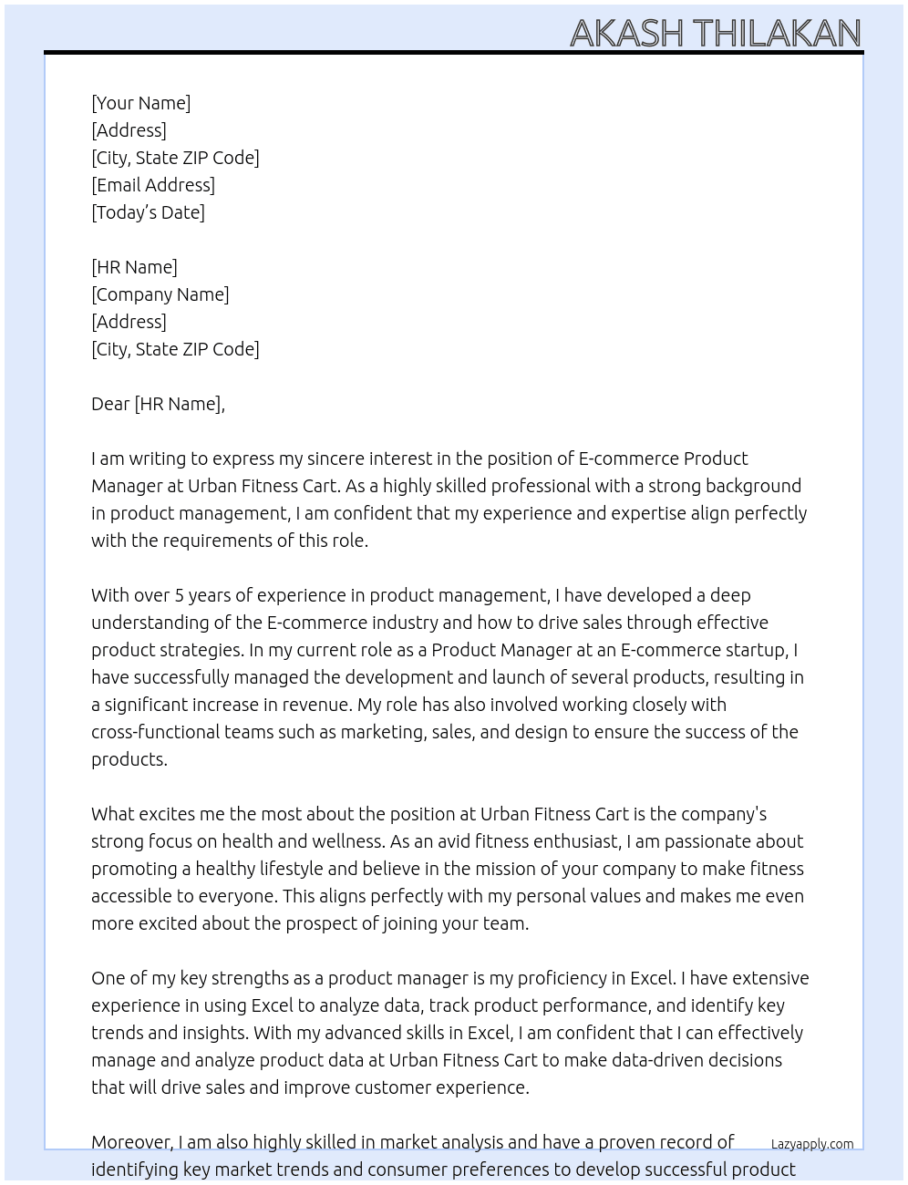 E- commerce product manager  At Urban  fitness cart  Cover Letter