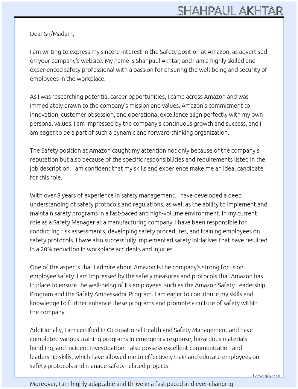 Safety  At Amazon Cover Letter
