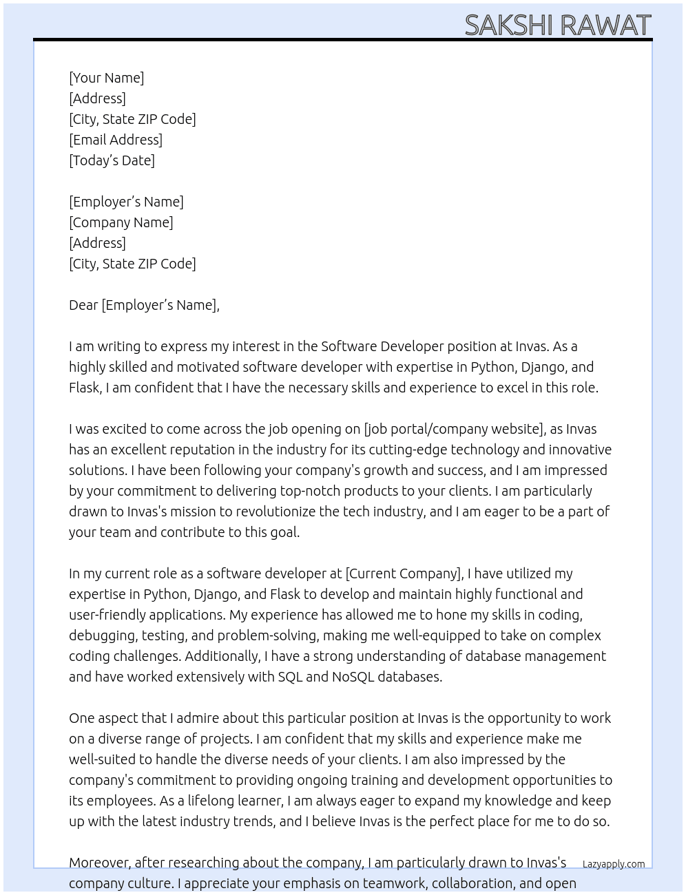 Software Developer At Invas Cover Letter