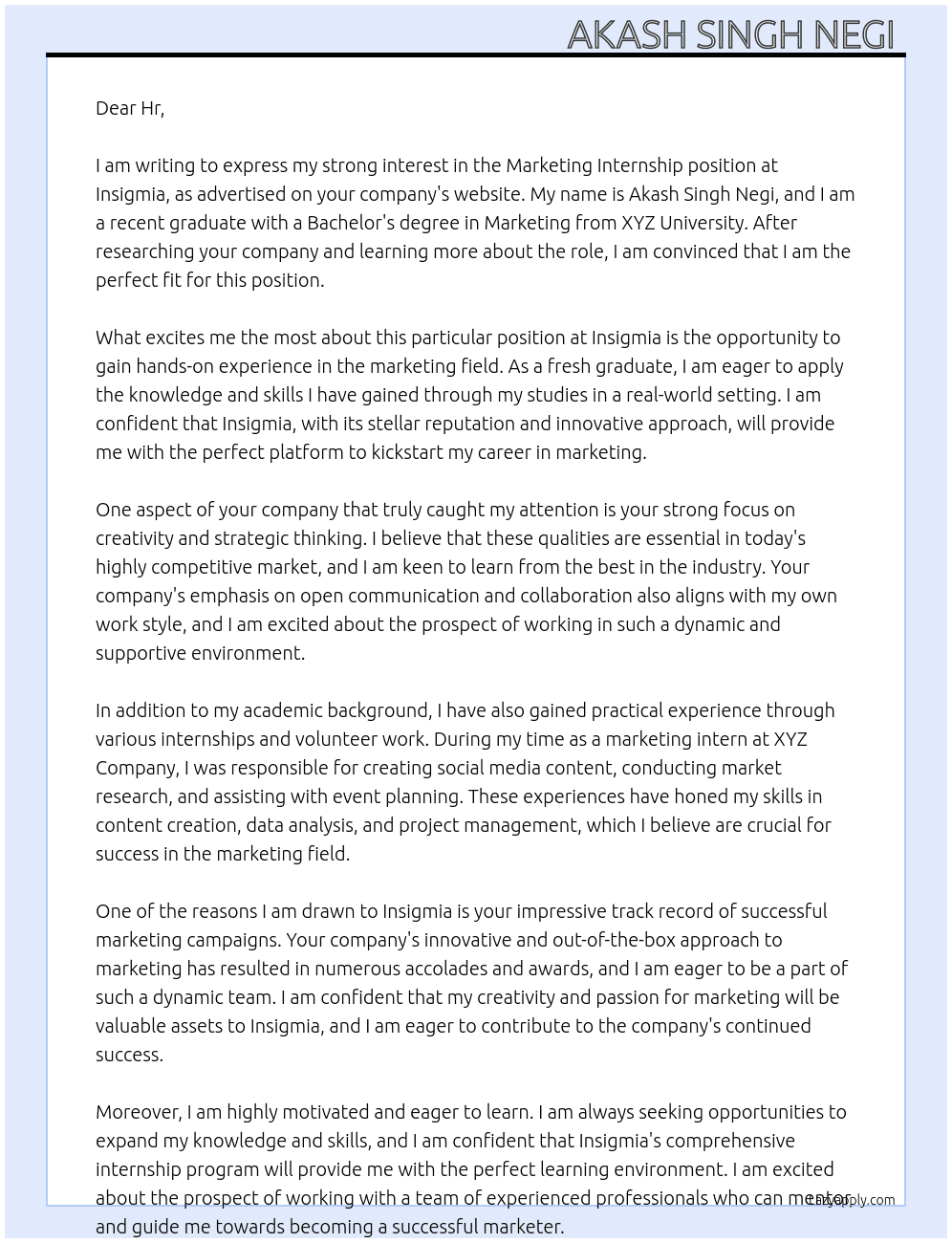 Marketing Internship  At Insigmia Cover Letter