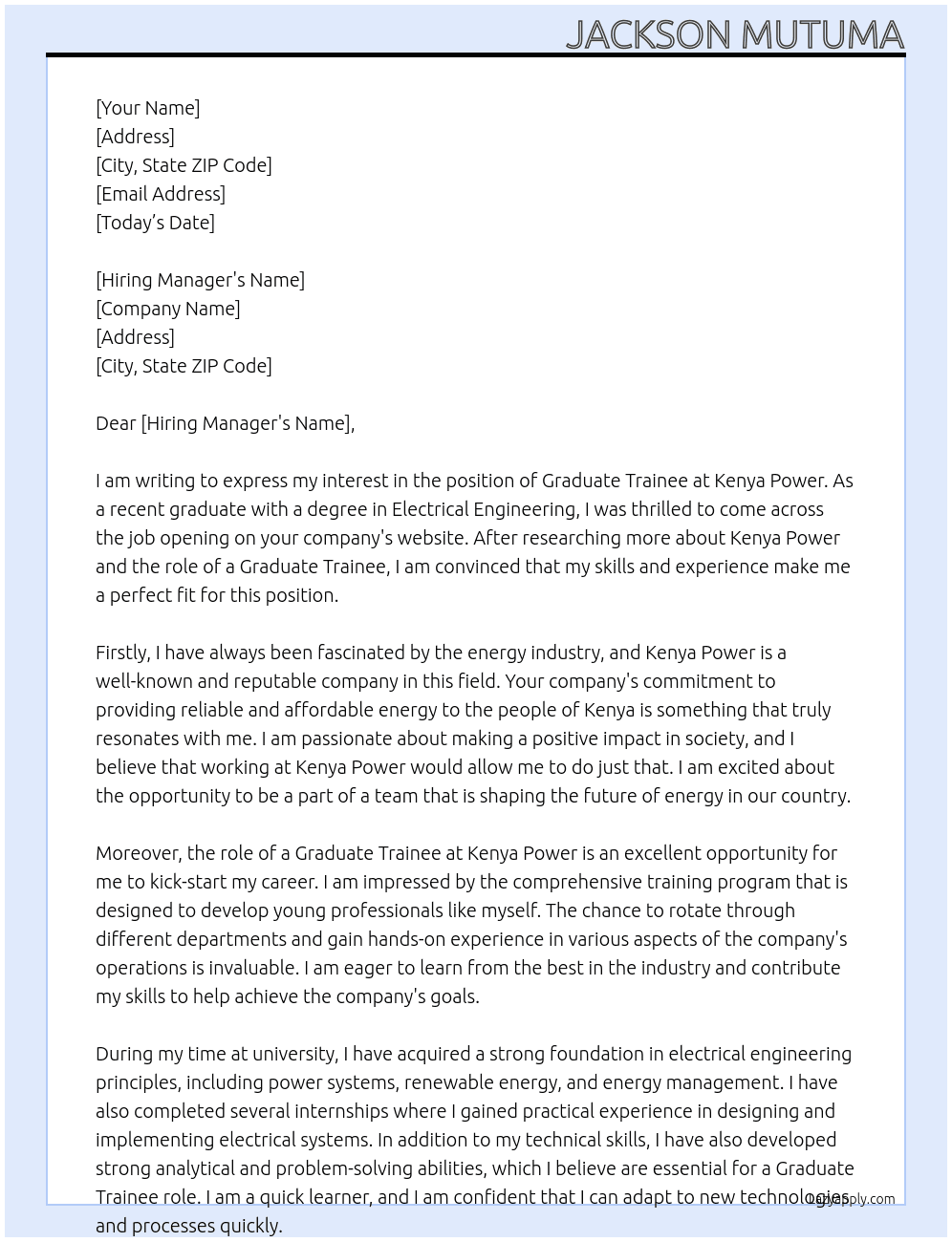 graduate trainee At kenya power  Cover Letter