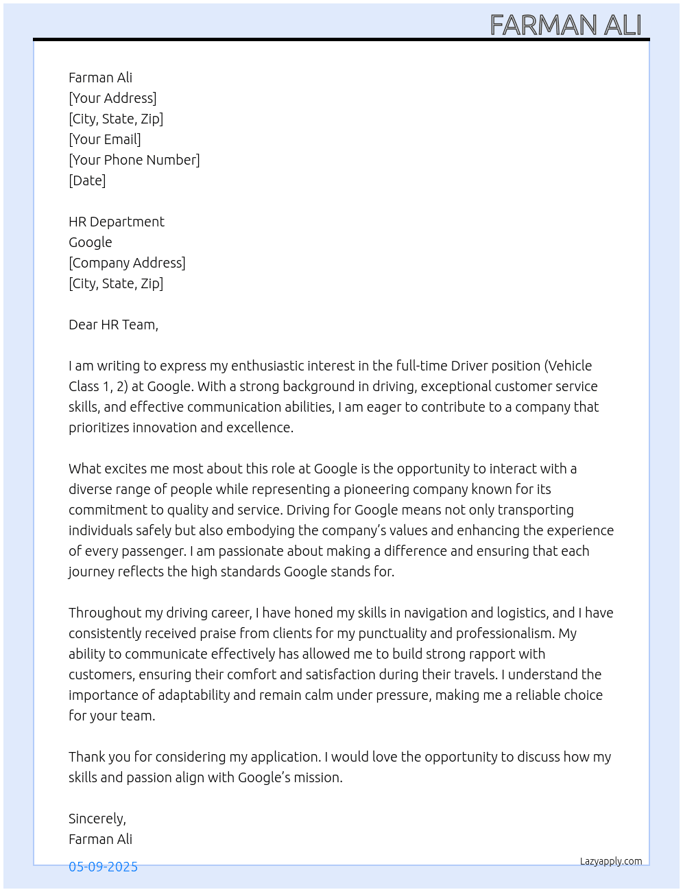 Cover letter for driver,vehicle class 1,2 - LazyApply