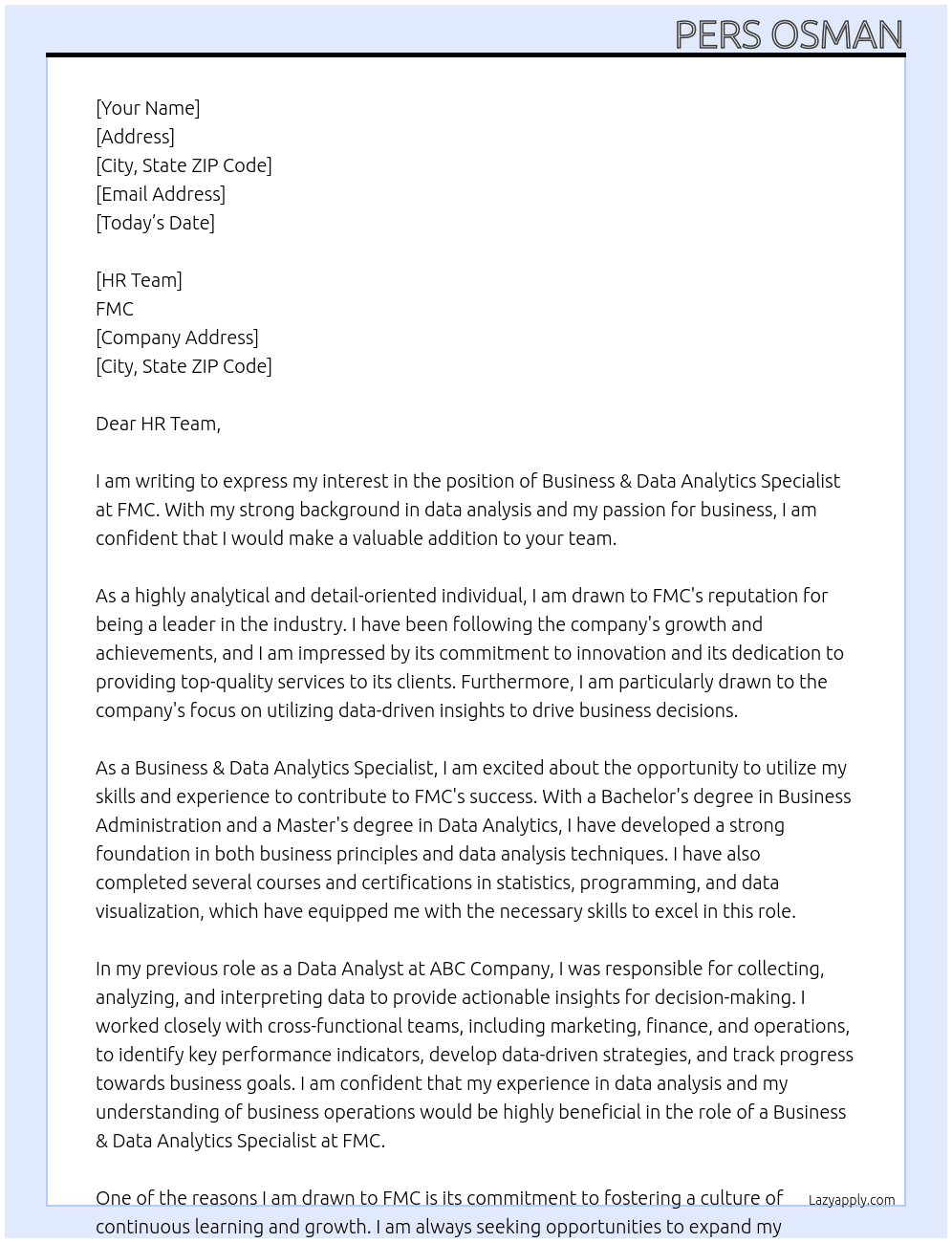 Business & Data Analytics Specialist  At FMC Cover Letter