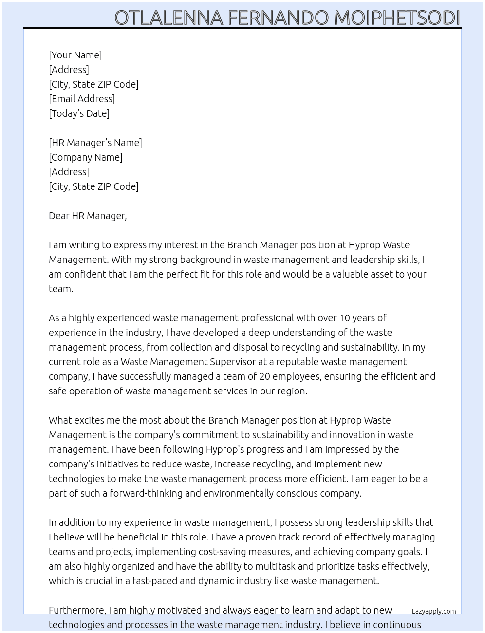 branch manager At Hyprop Waste Management Cover Letter