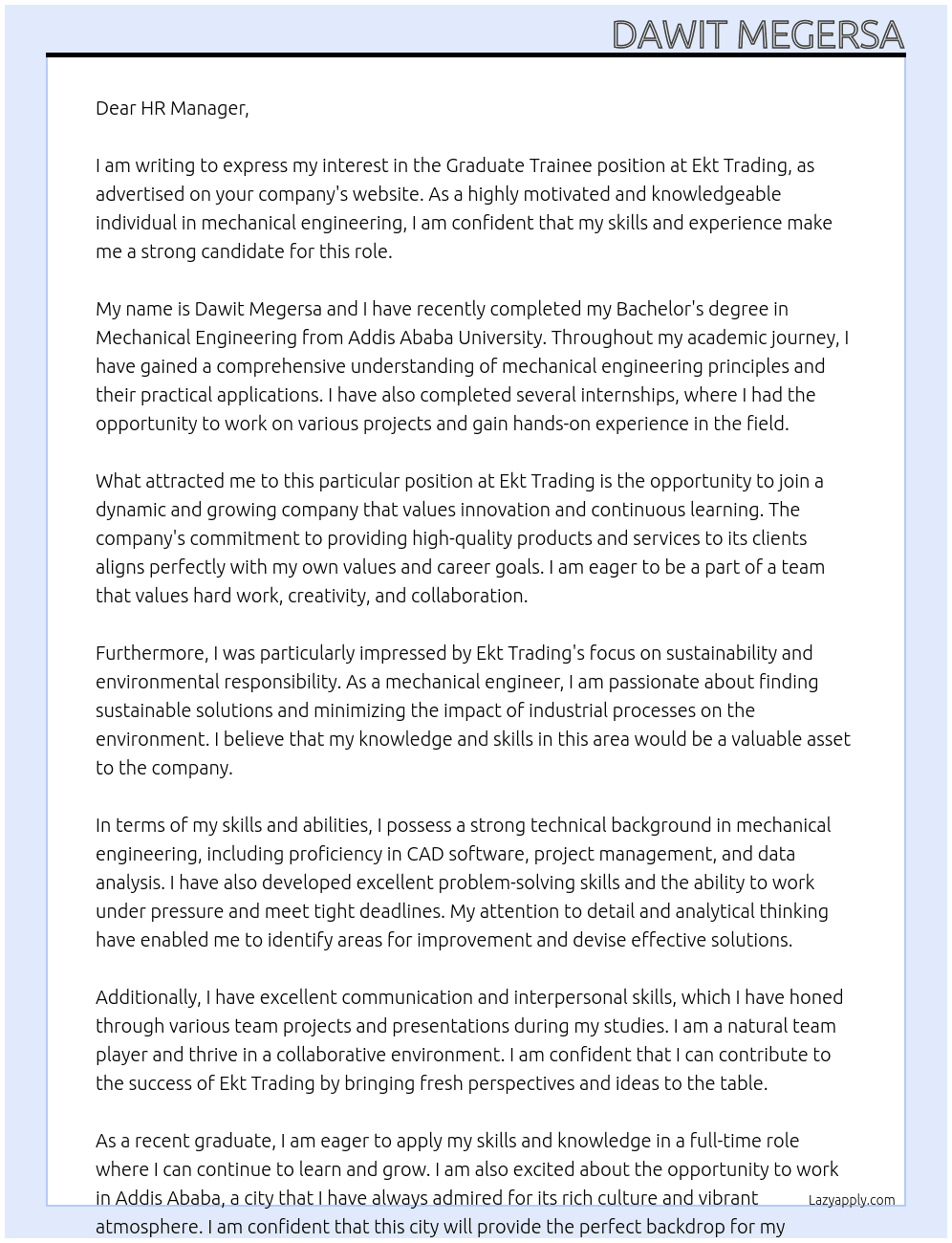 Graduate trainee At To Ekt trading  Cover Letter