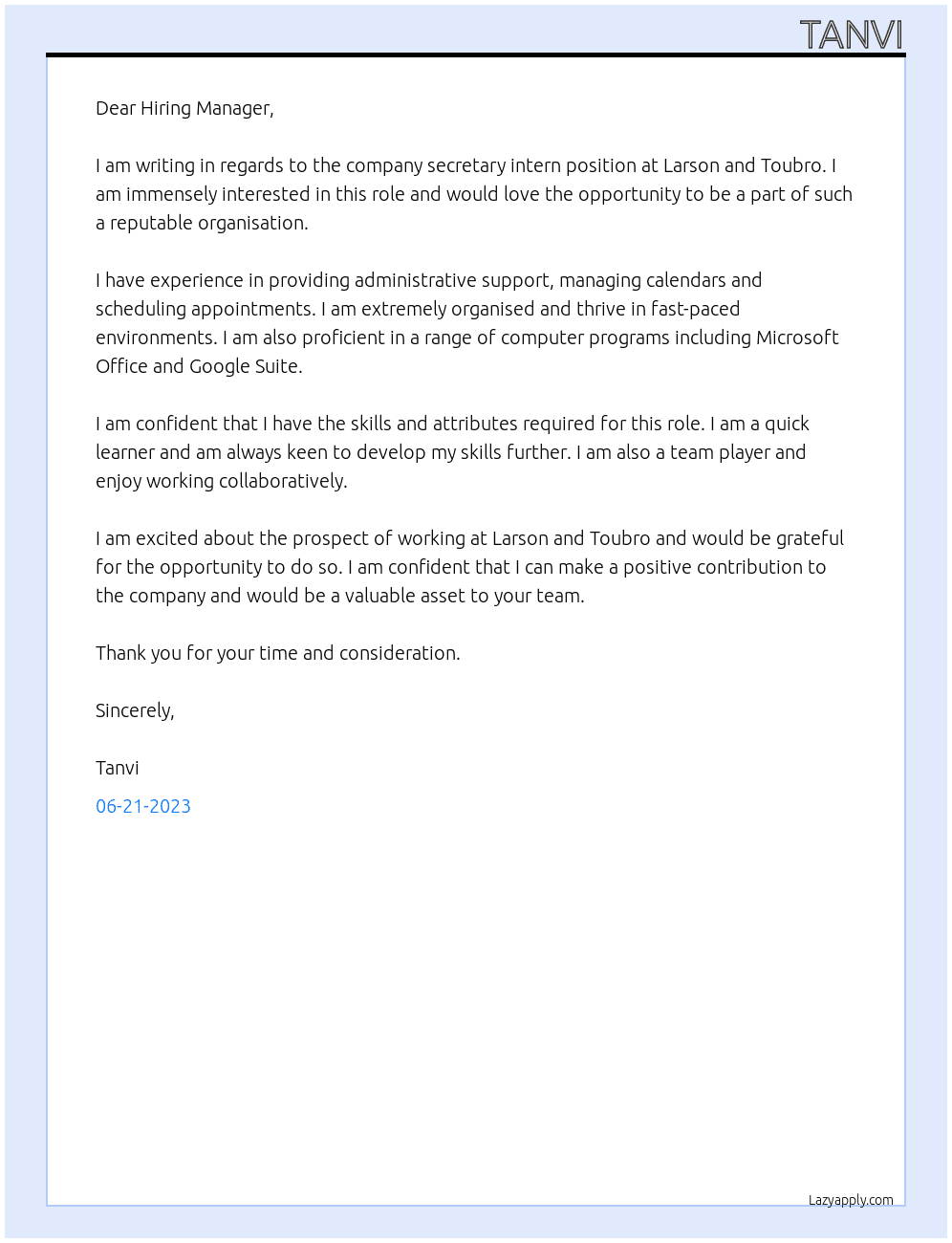 Company secretary intern At Larson and toubro Cover Letter