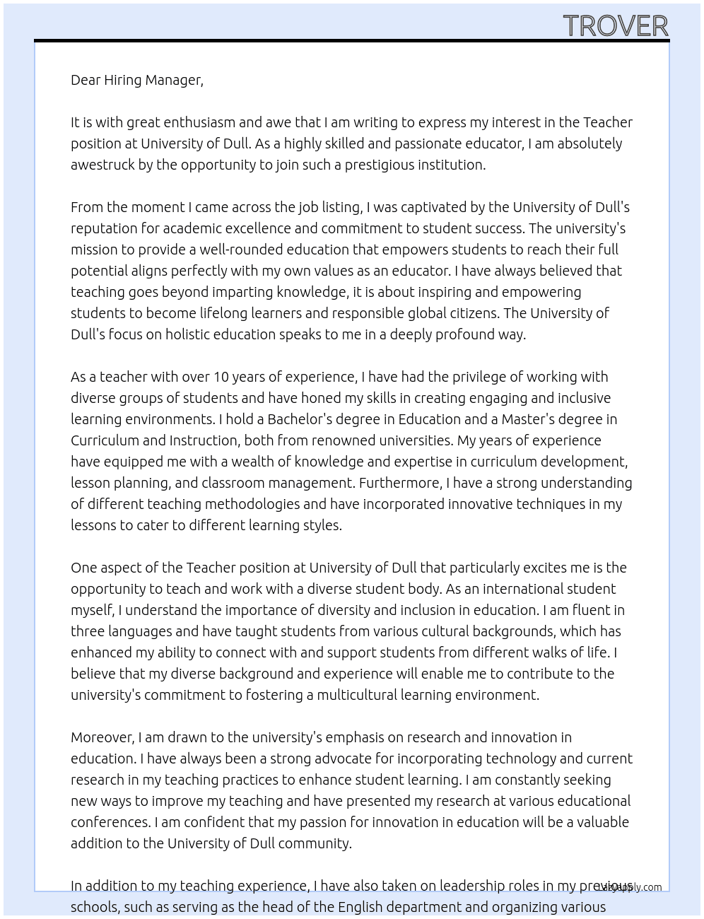 Teacher  At University of Dull Cover Letter