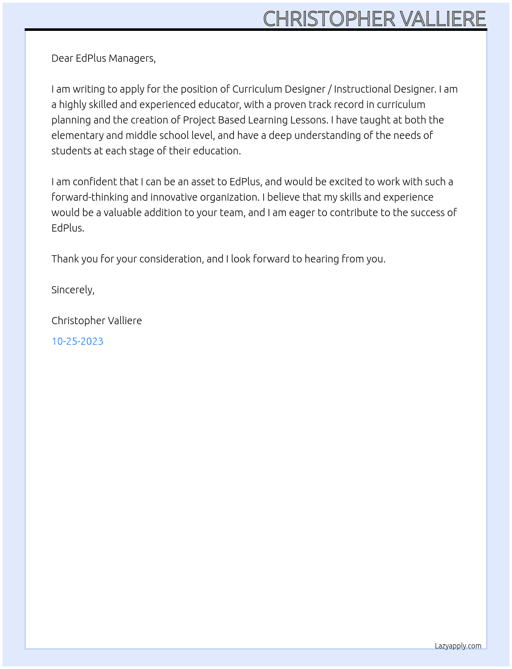 Curriculum Designer / Instructional Designer At EdPlus at Arizona State University Cover Letter