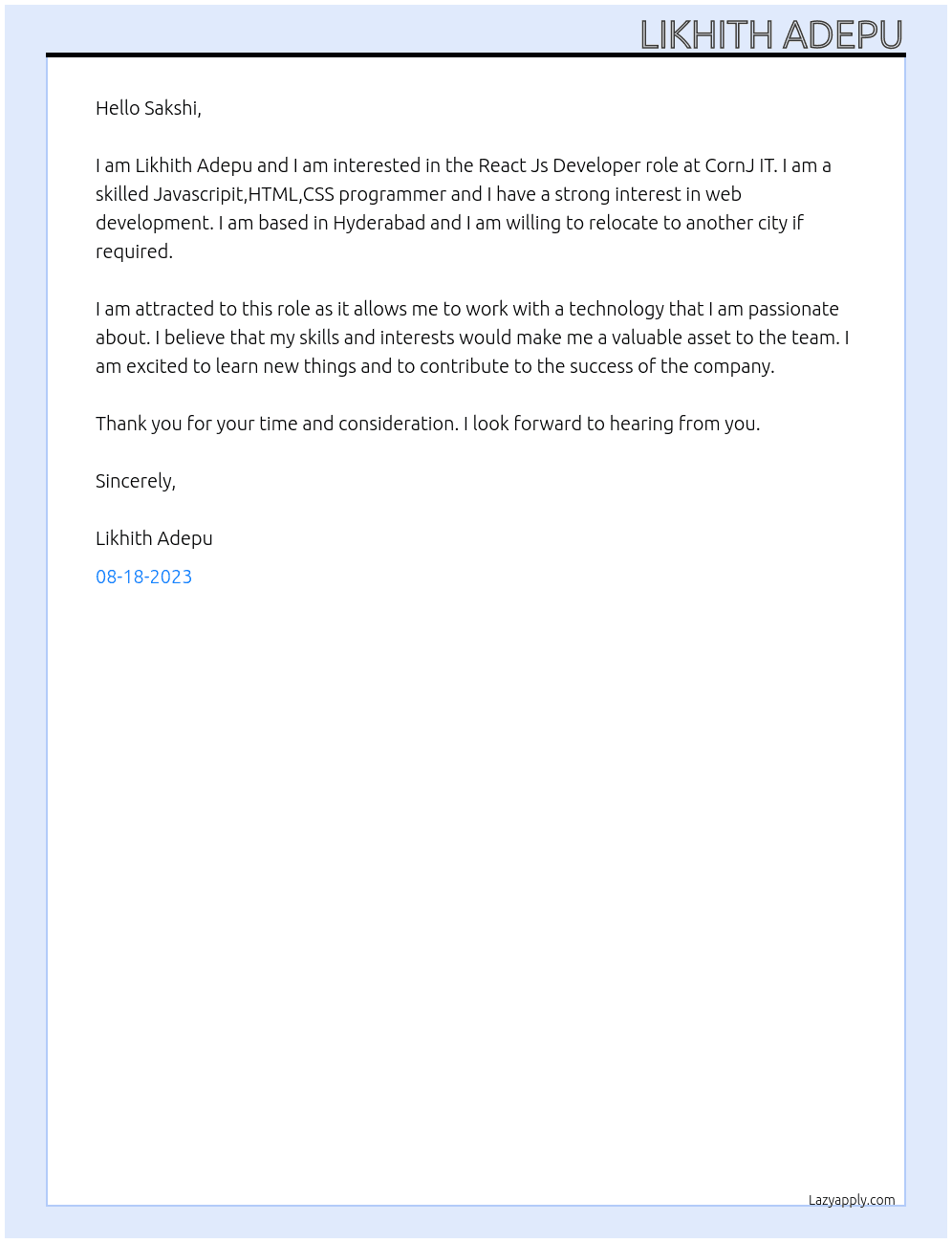 React Js Develloper At CornJ IT Cover Letter