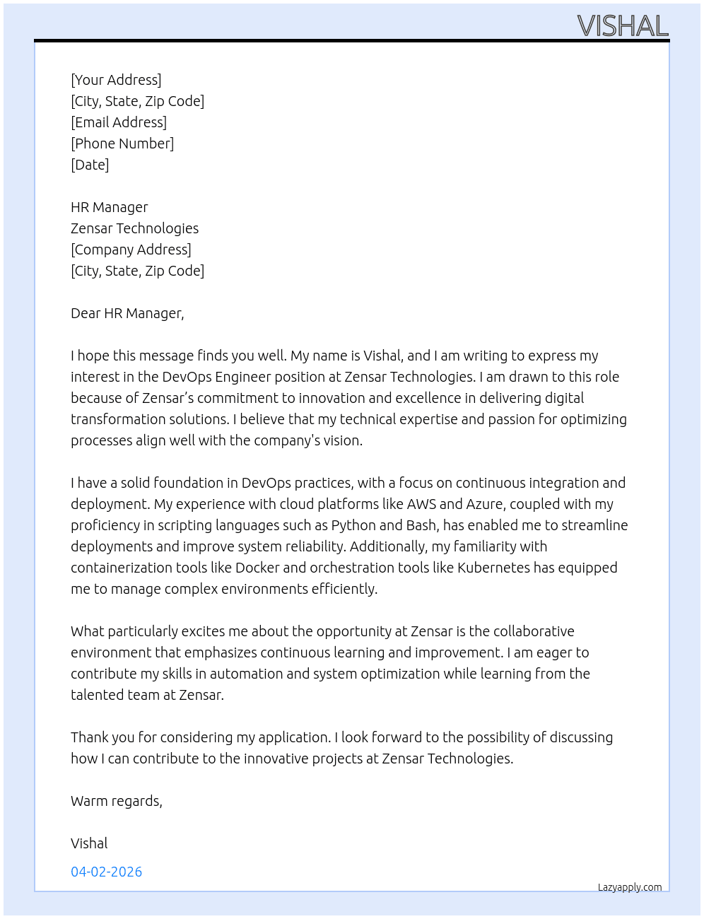 DevOps Engineer At Zensar Technologies Cover Letter