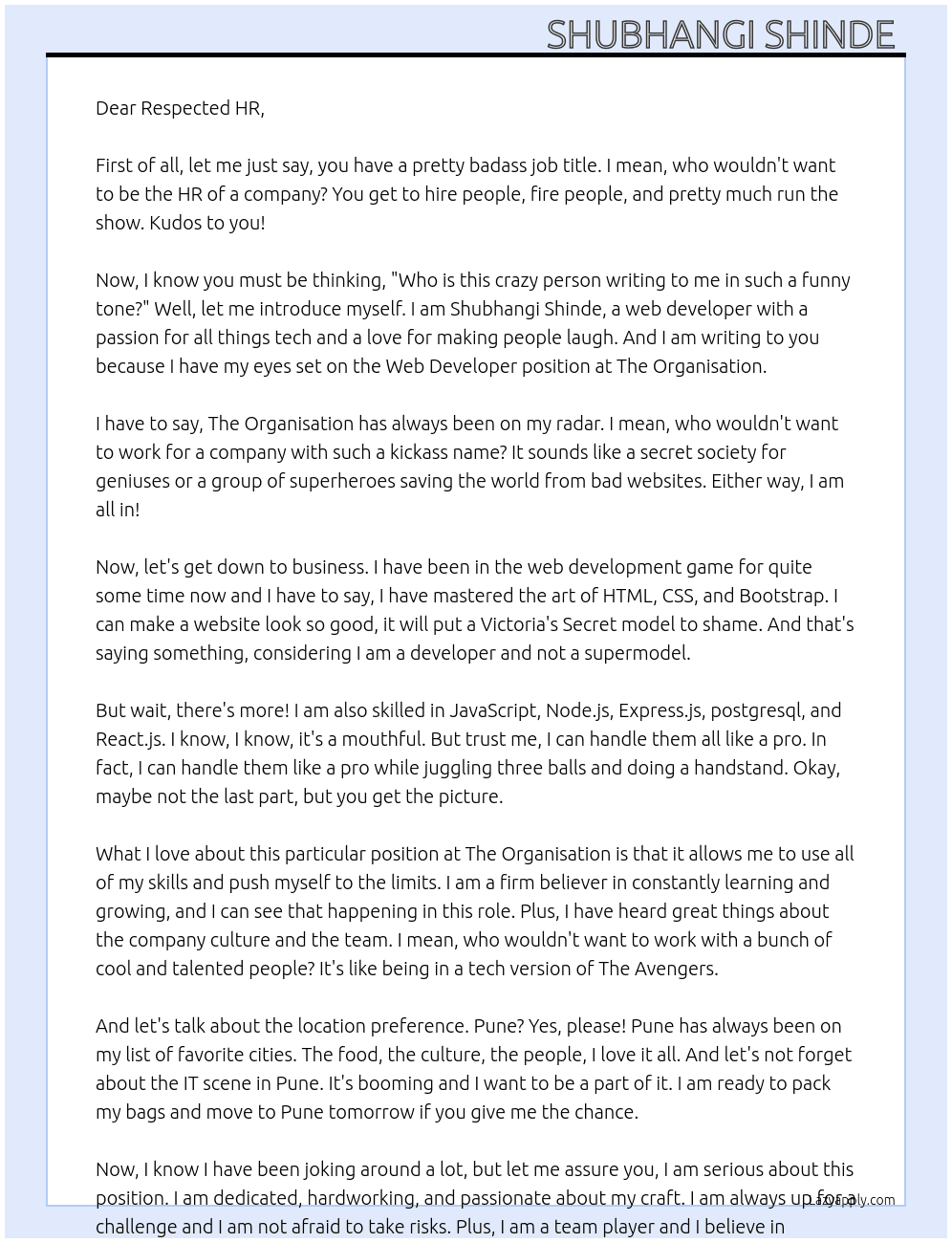 Web developer  At The Organisation  Cover Letter