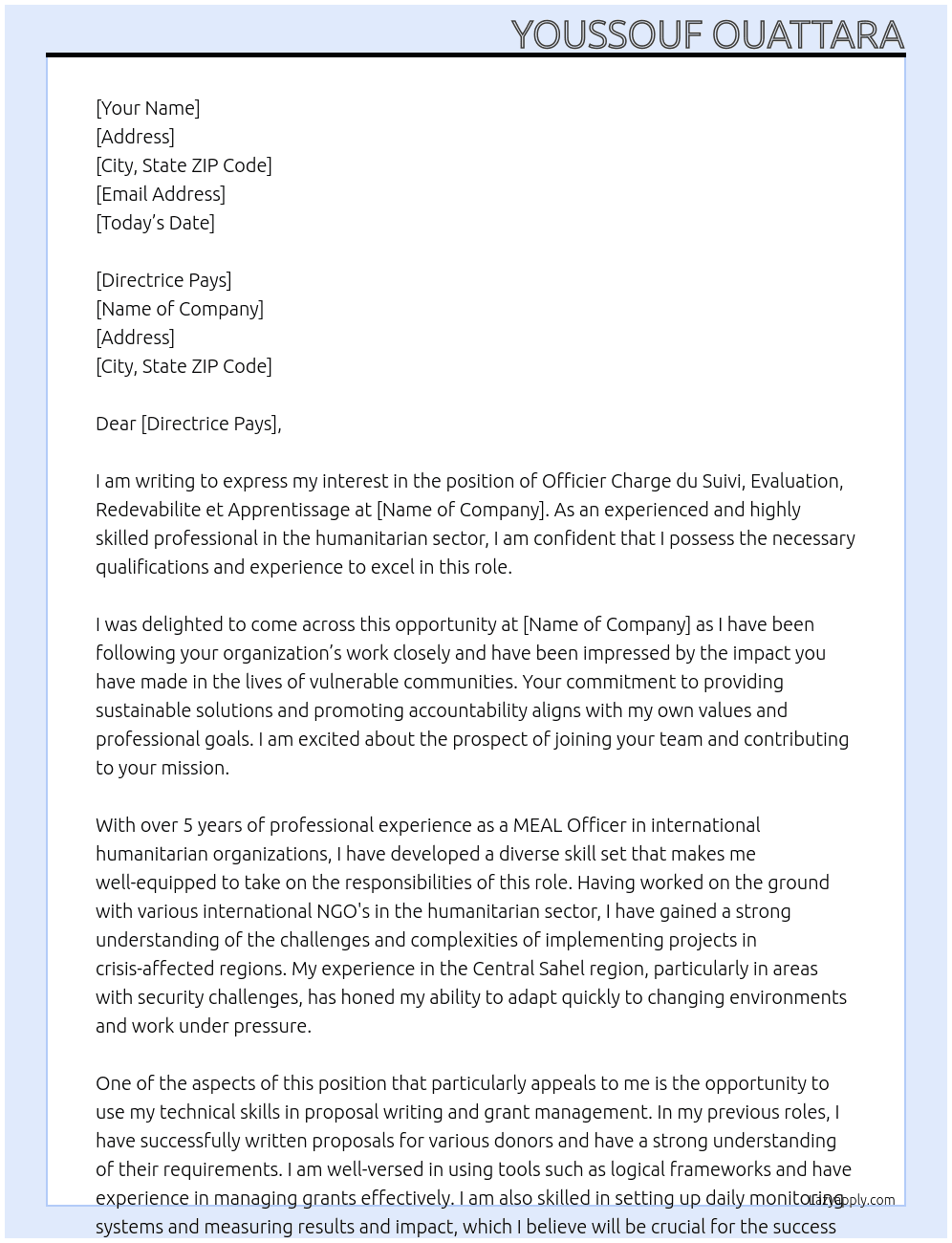 OFFICIER CHARGE DU SUIVI, EVALUATION, REDEVABILITE ET APPRENTISSAGE At APPEL DE GENEVE Cover Letter