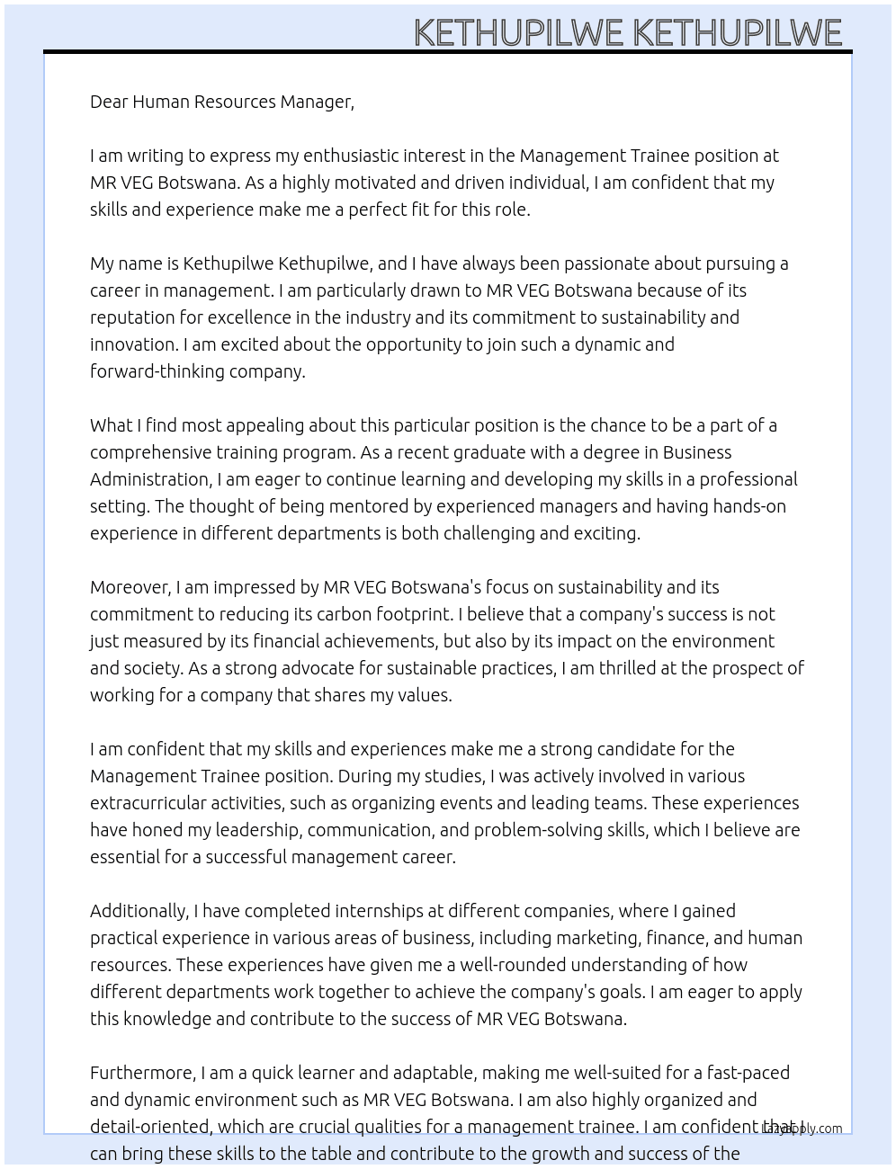 Management Trainees  At MR VEG Botswana  Cover Letter
