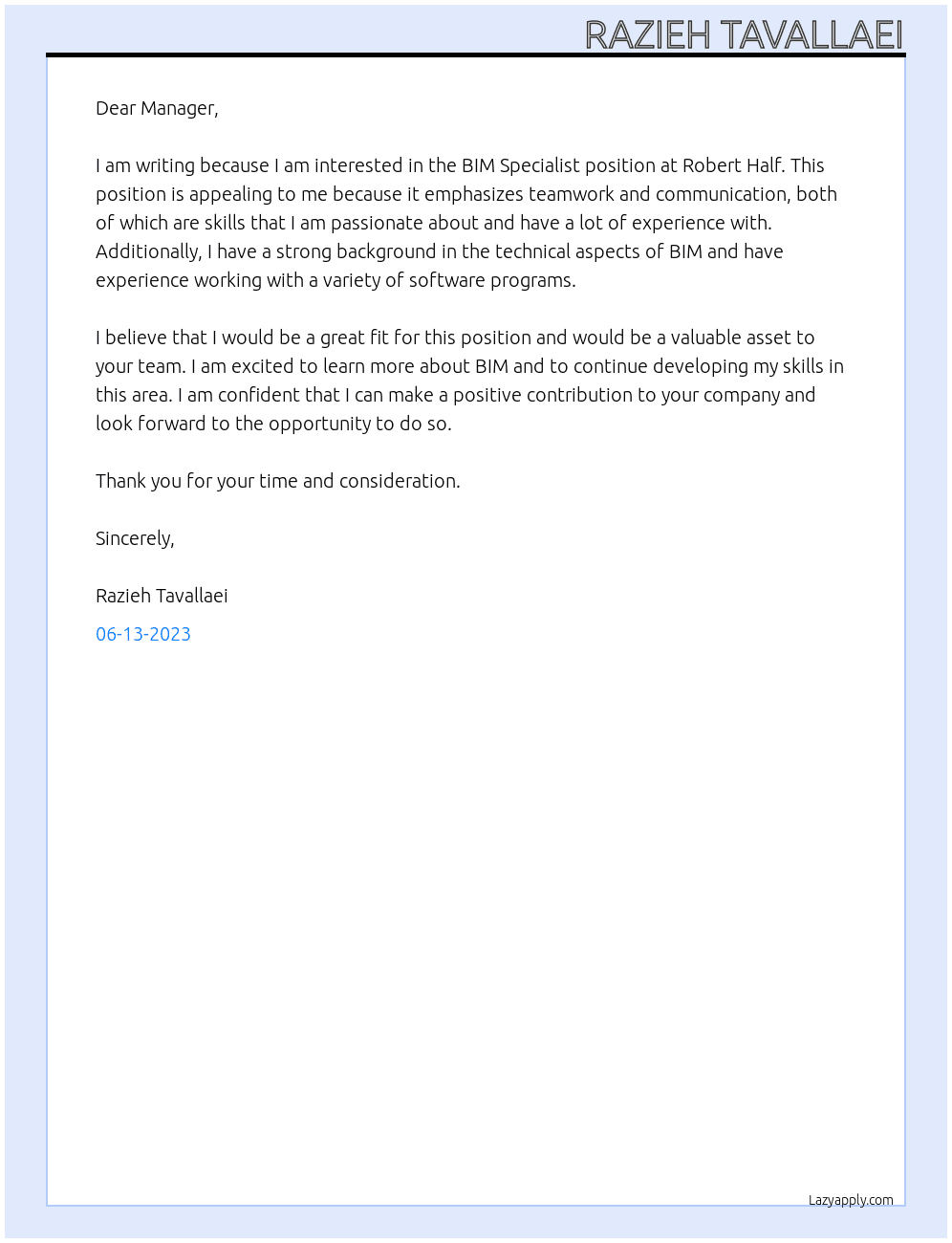 BIM Specialist At Robert Half Cover Letter