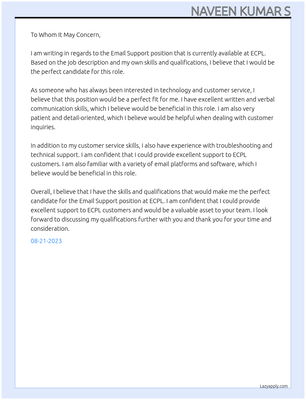 Email Support At ECPL Cover Letter