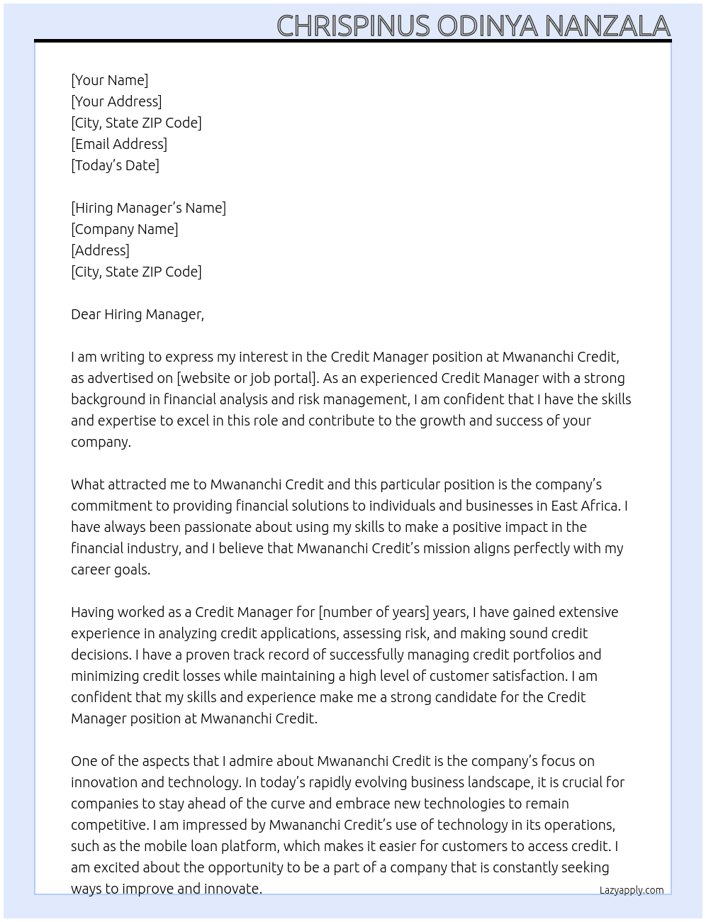 Credit Manager At Mwananchi Credit Cover Letter