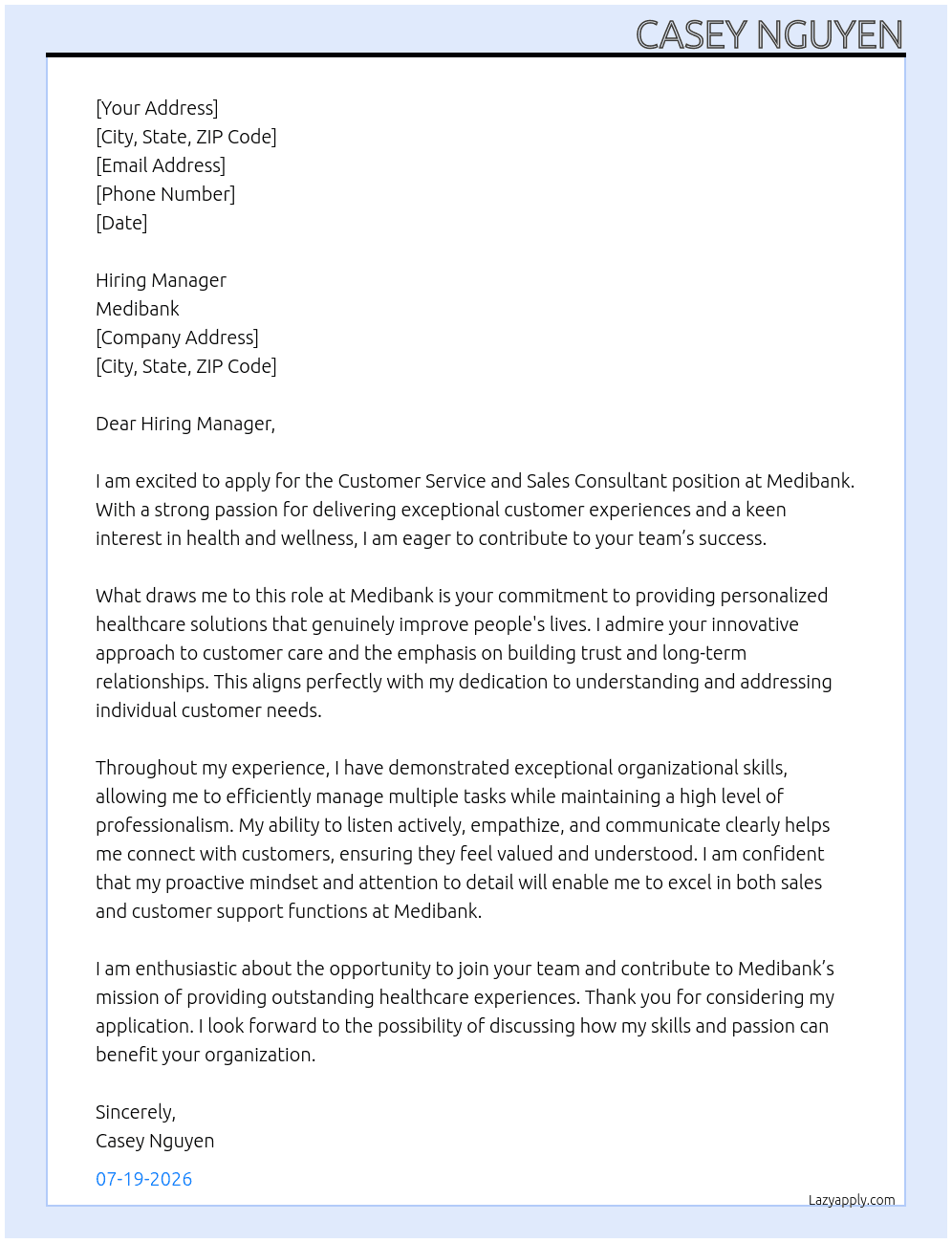 Cover letter for customer service and sales consultant - LazyApply