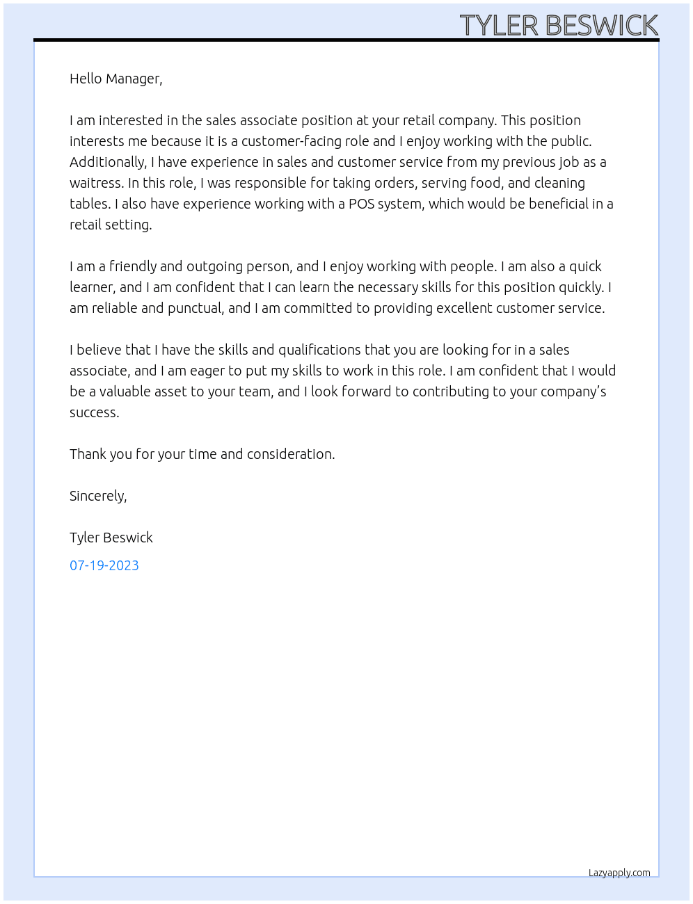 sales associate  At retail Cover Letter