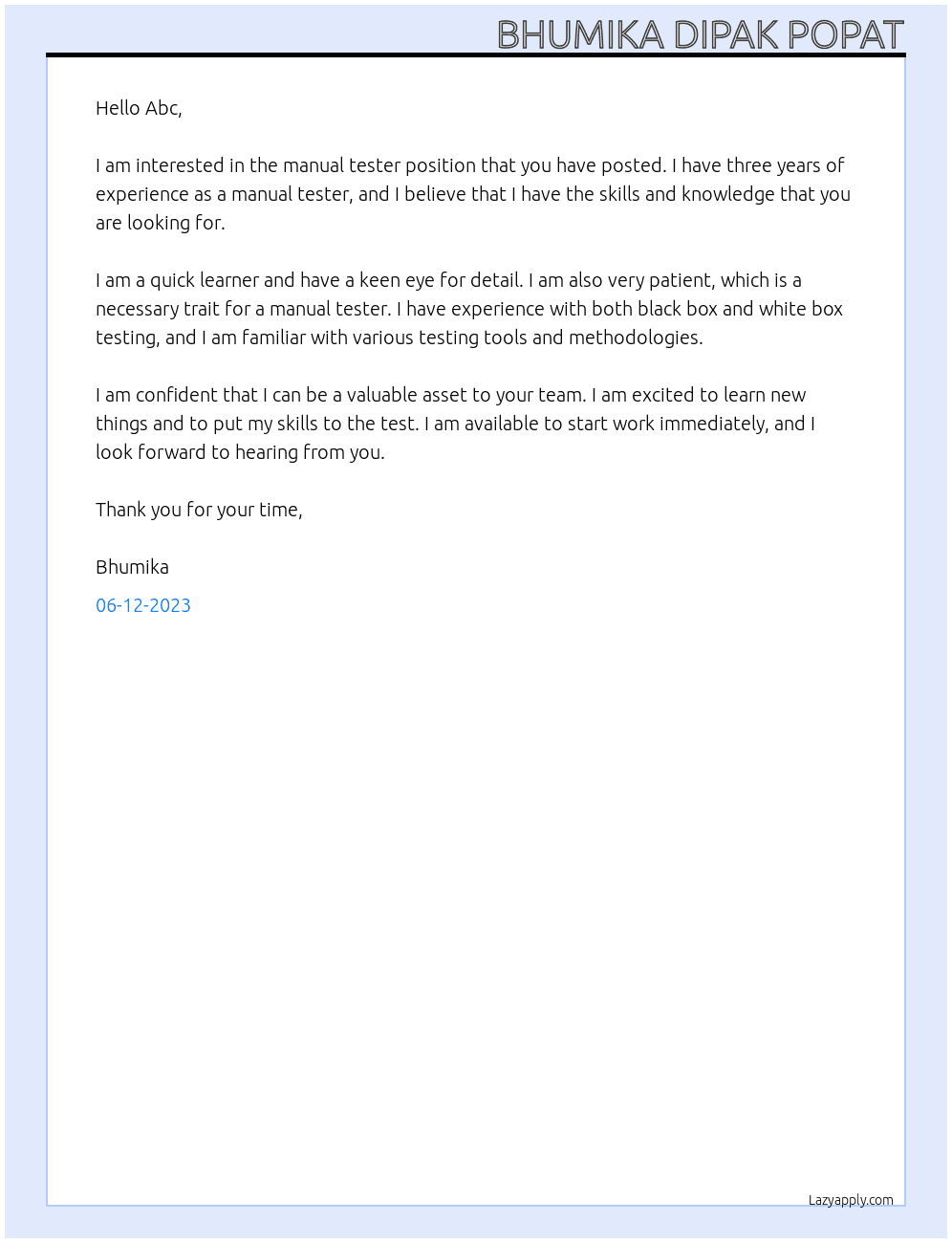 Manual tester At Abc Cover Letter