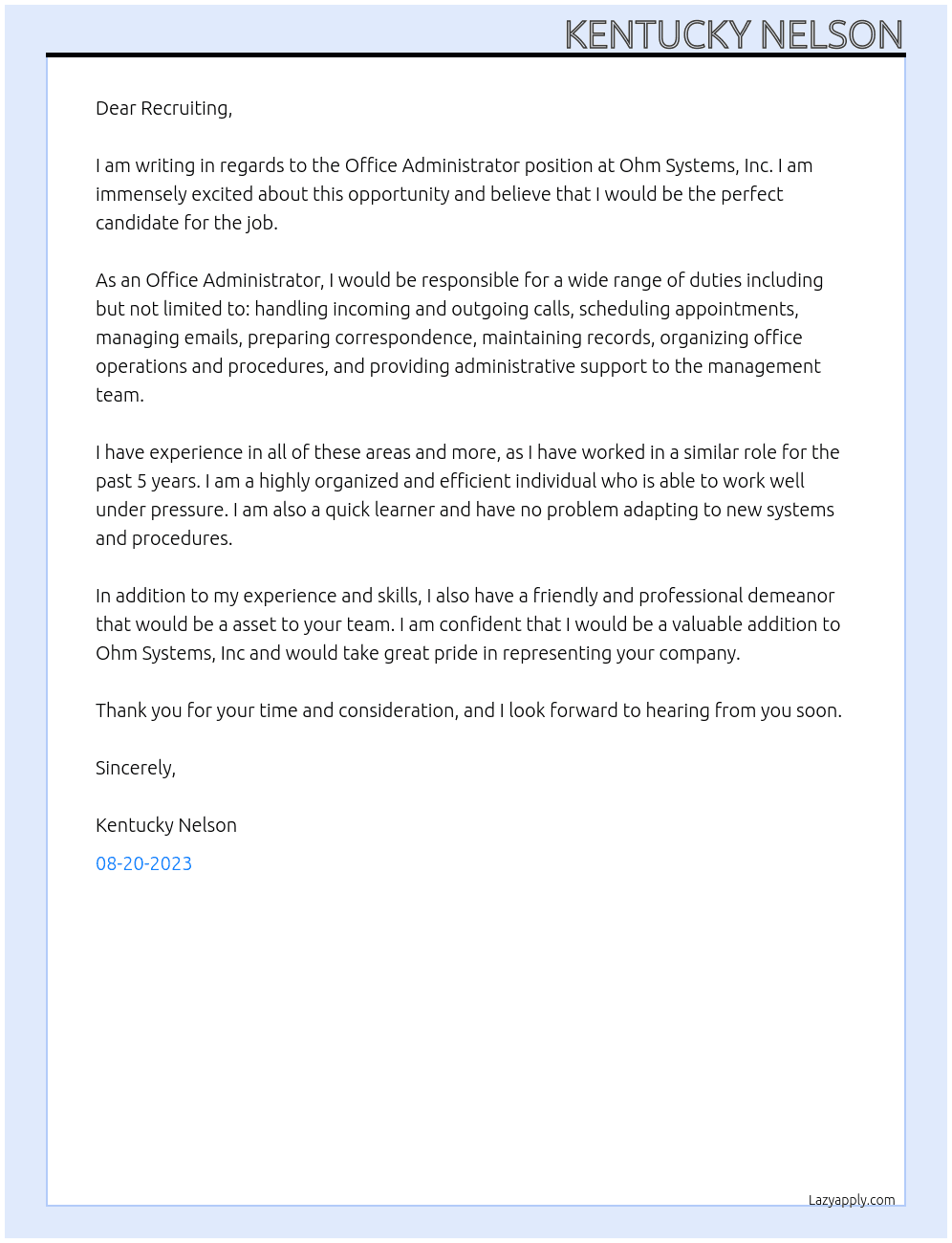 Office Adminstrator At Ohm Systems, Inc Cover Letter