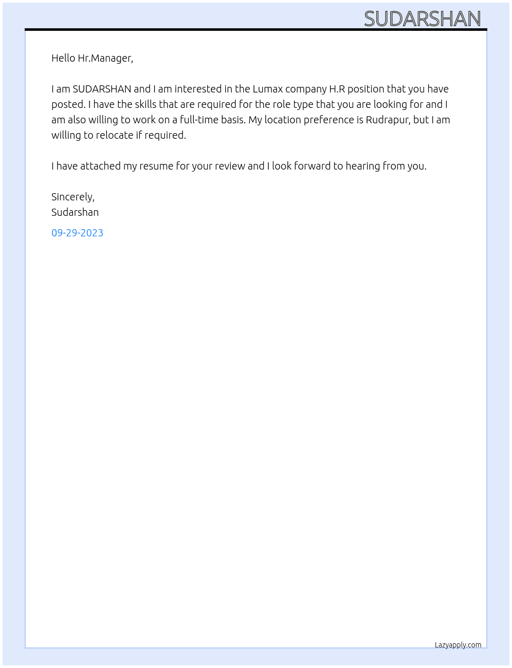 Lumax company H.R At Mahindra company  Cover Letter