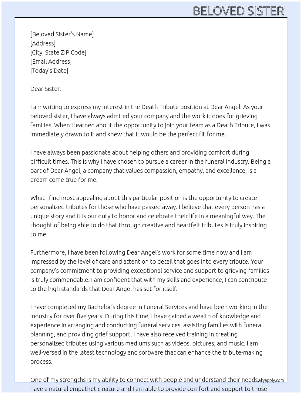 Death Tribute  At Dear Angel Cover Letter
