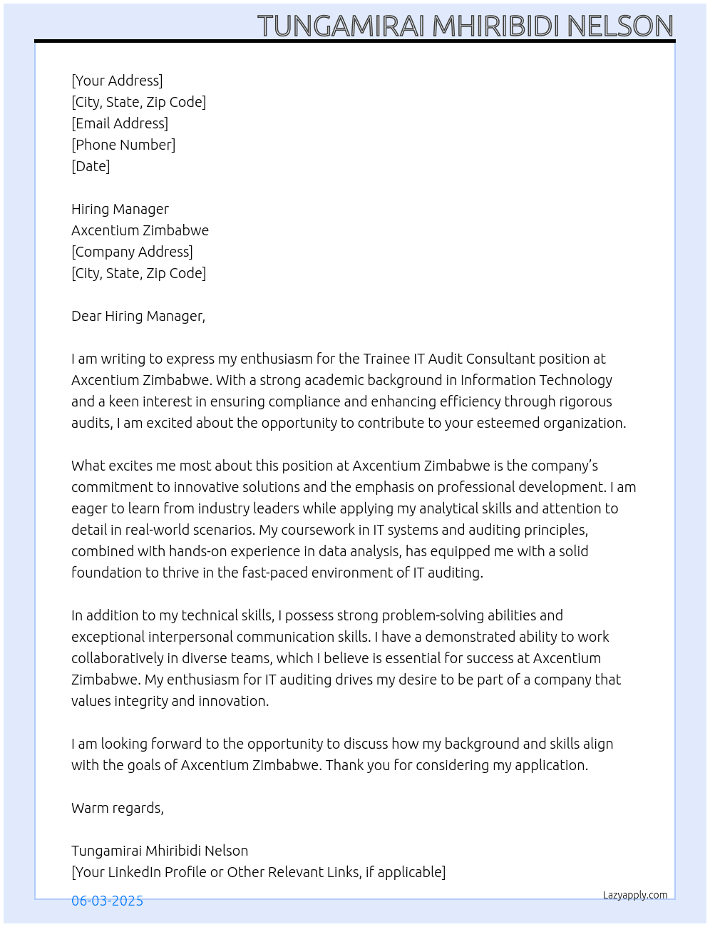 Trainee IT Audit Consultant At Axcentium Zimbabwe Cover Letter