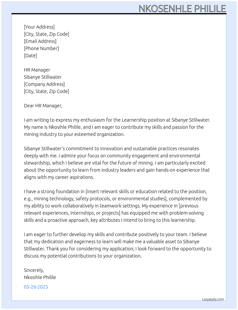 learnership At SIBANYE STILL WATER Cover Letter