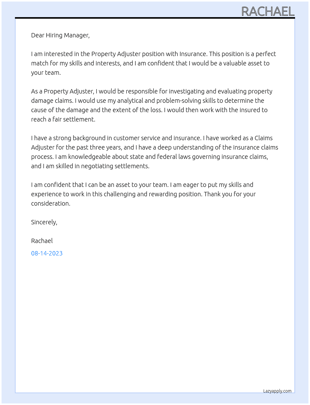 Property Adjuster At Insurance Cover Letter