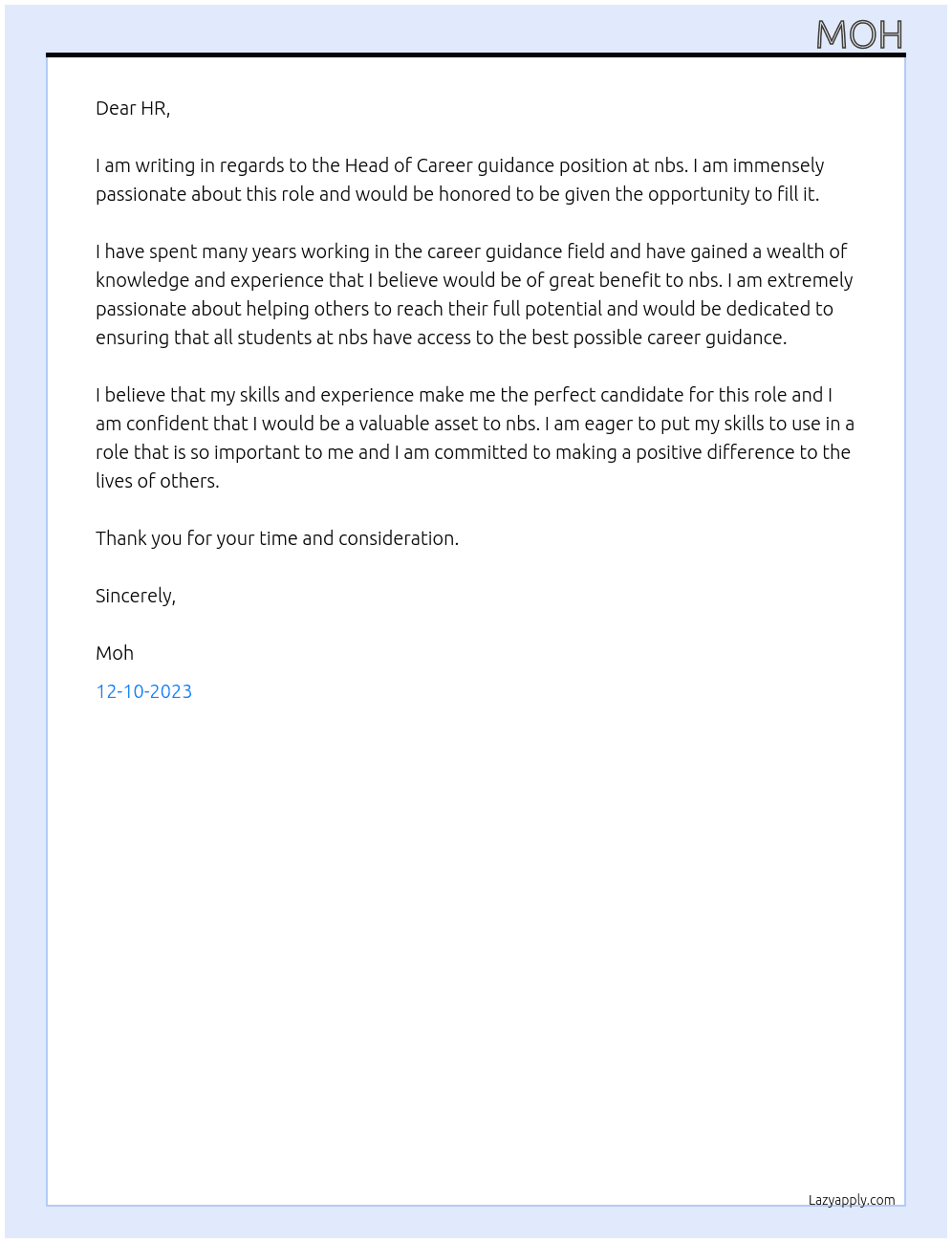 Head of Career guidance At nbs Cover Letter
