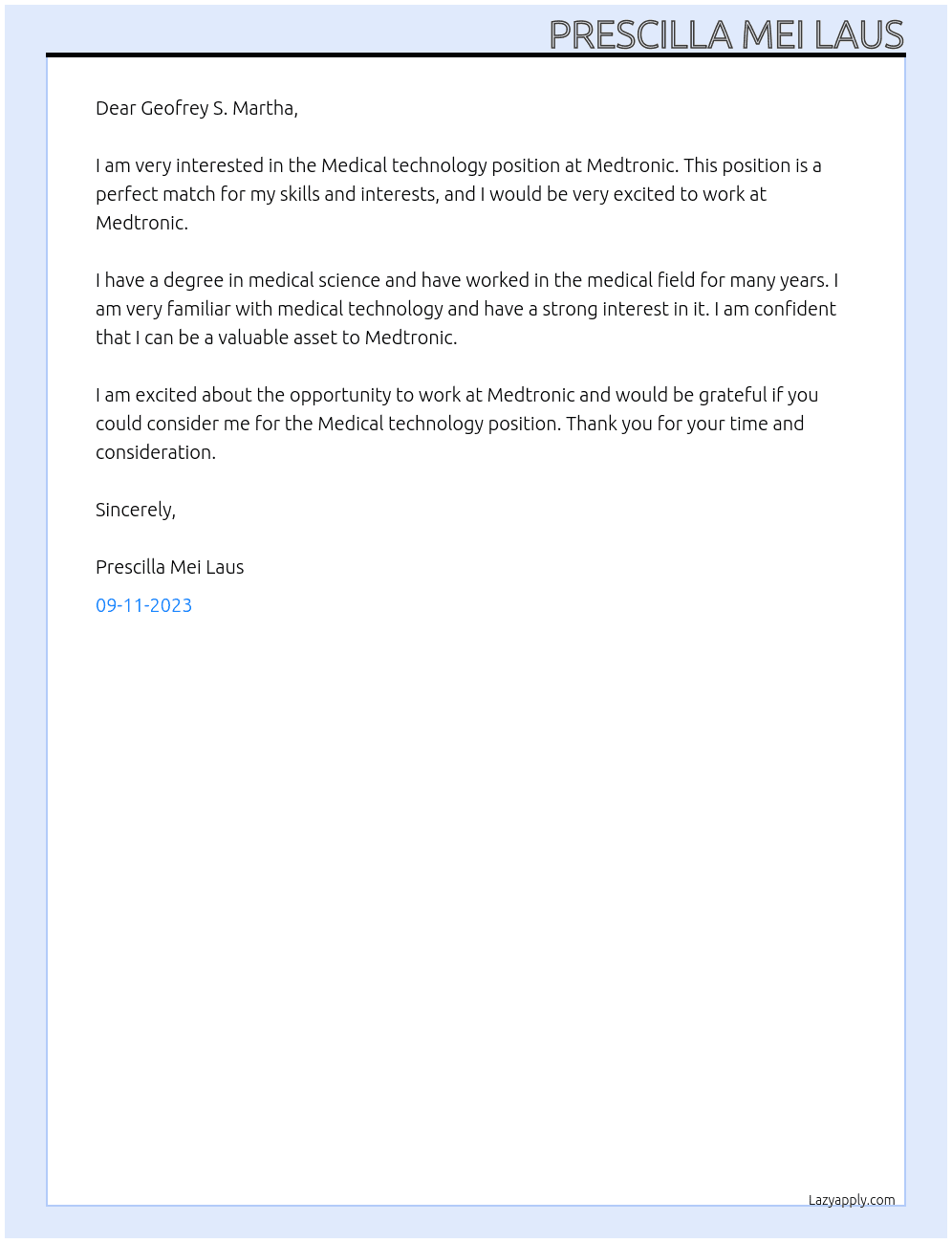 Medical technology At Medtronic Cover Letter