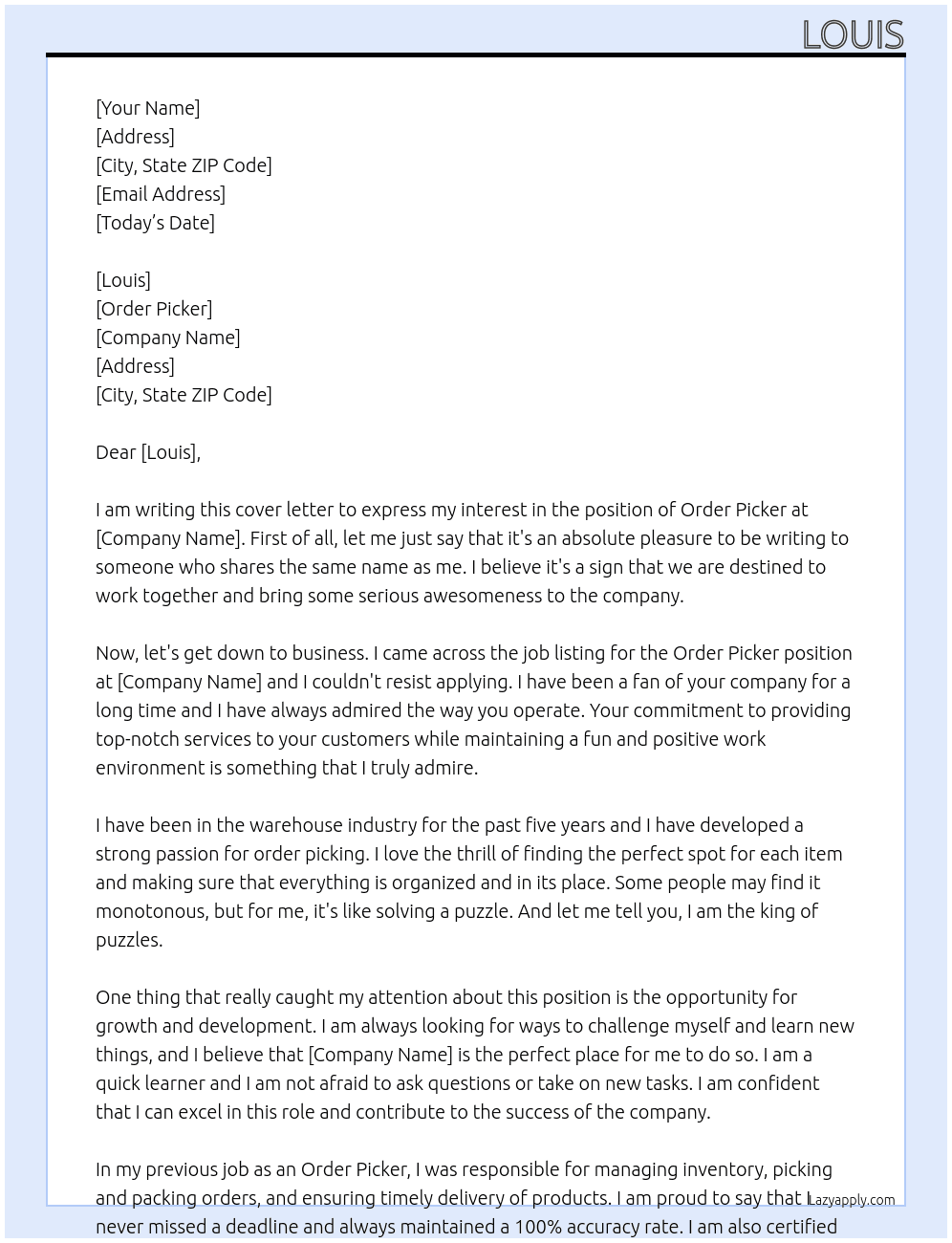 order picker At Louis Cover Letter