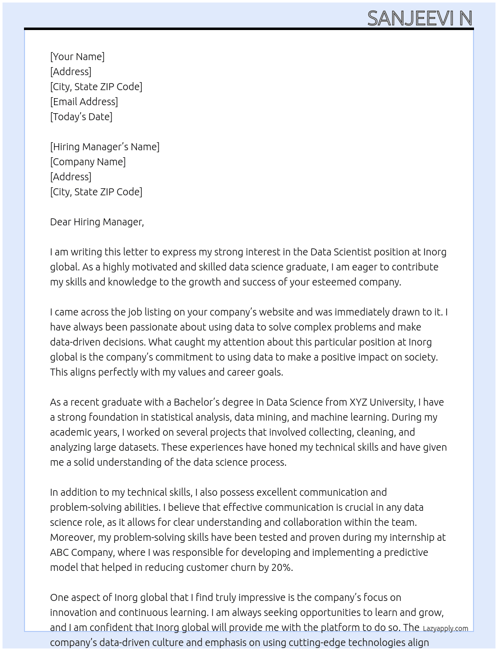 Data scientist as fresher At Inorg global Cover Letter