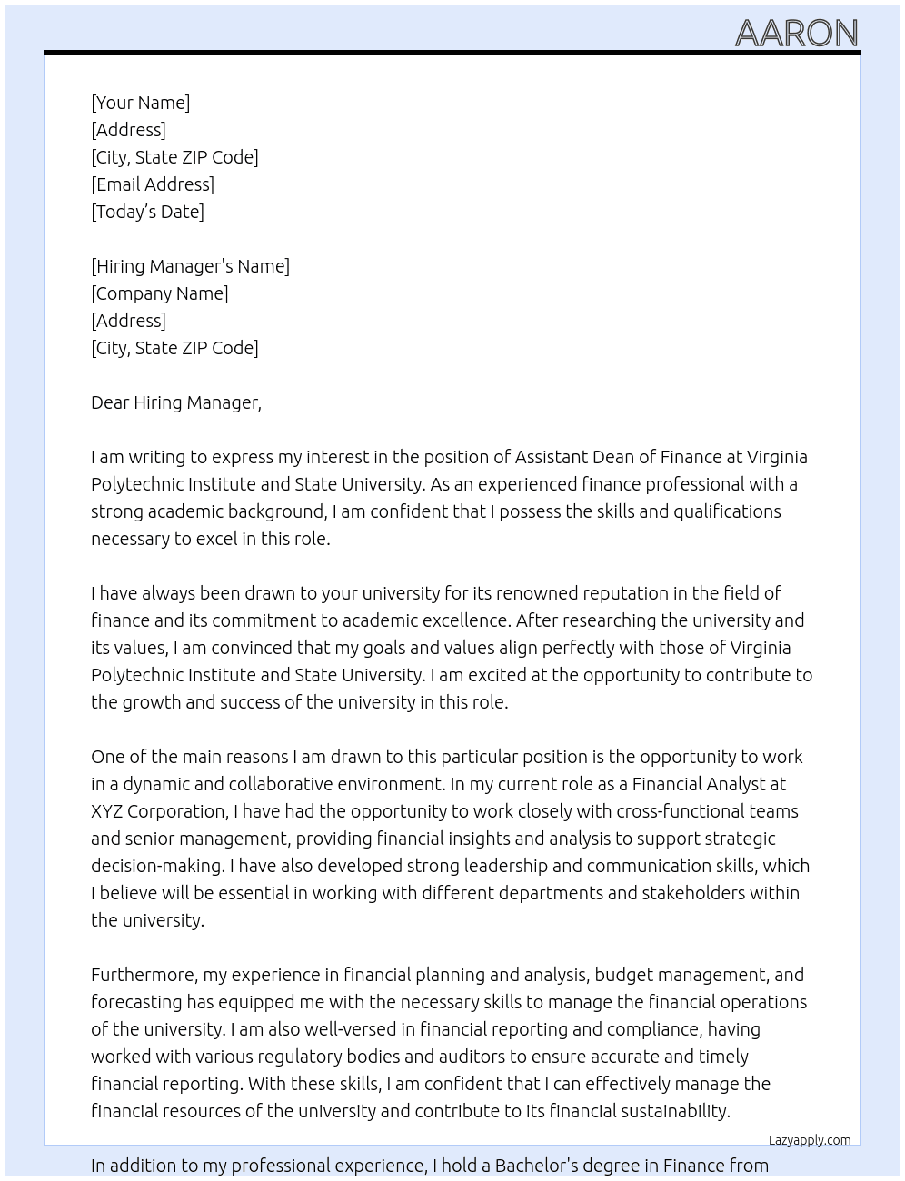 Assistant Dean of Finance At Virginia Polytechnic Institute and State University Cover Letter